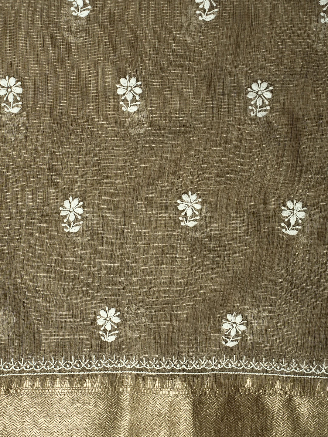 Ada Hand Embroidered Taupe Brown Tissue Lucknowi Chikankari Unstitched Kurta Dupatta Set 01A713424