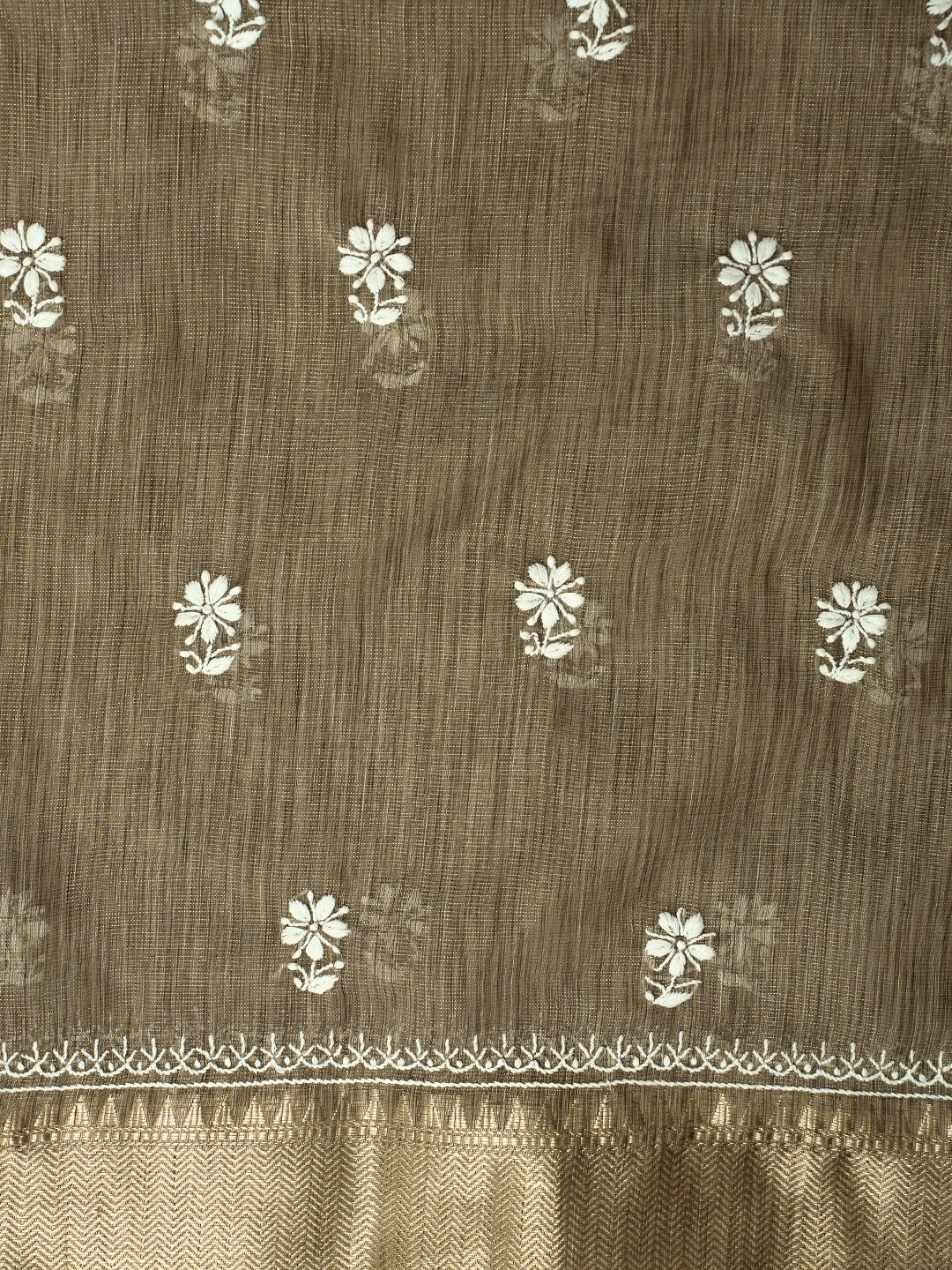 Ada Hand Embroidered Taupe Brown Tissue Lucknowi Chikankari Unstitched Kurta Dupatta Set 01A713424
