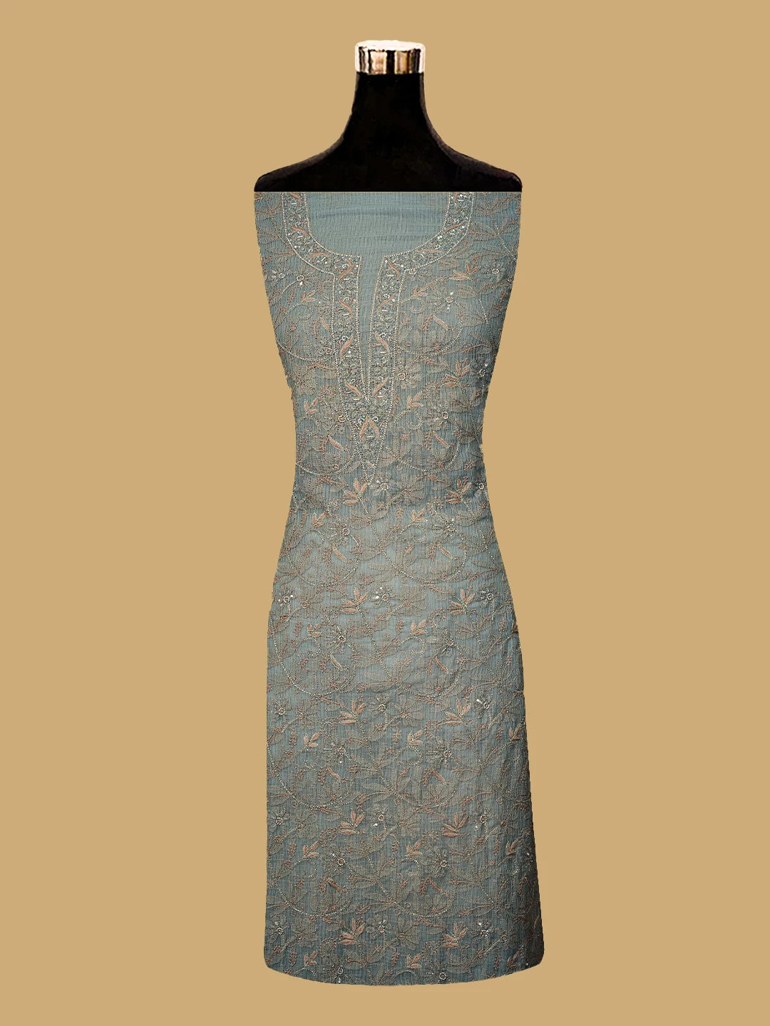 Ada Hand Embroidered Grey Kota Lucknowi Chikankari Unstitched Kurta Dupatta Set With Pearl Work 01A670013