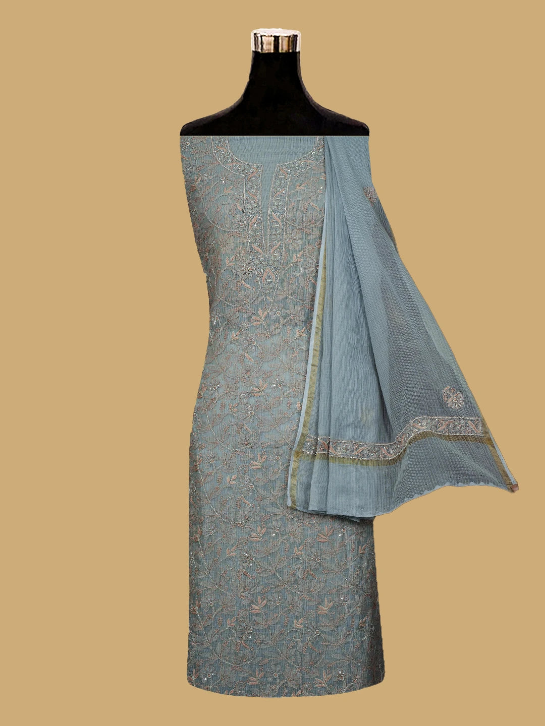 Ada Hand Embroidered Grey Kota Lucknowi Chikankari Unstitched Kurta Dupatta Set With Pearl Work 01A670013