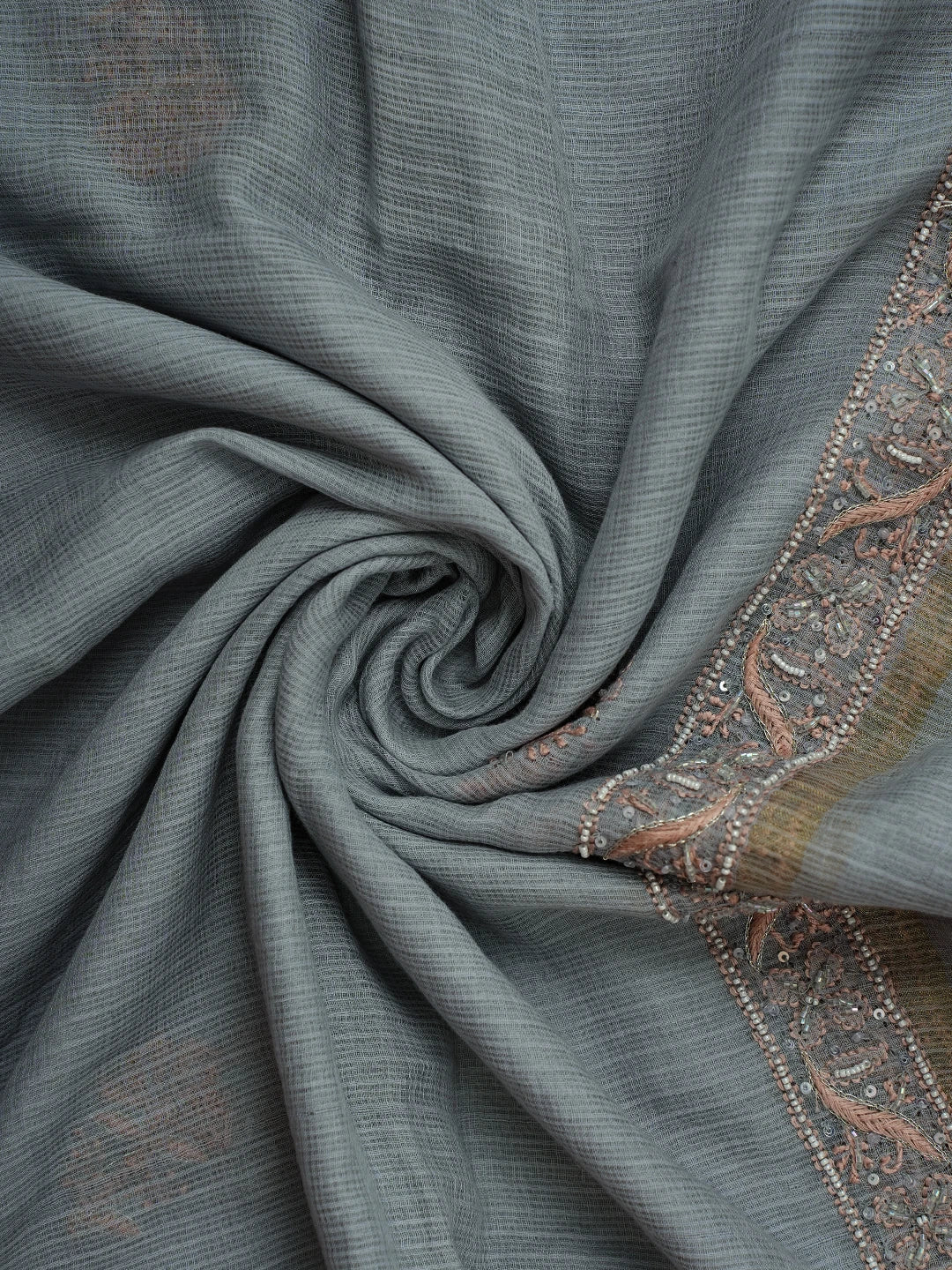 Ada Hand Embroidered Grey Kota Lucknowi Chikankari Unstitched Kurta Dupatta Set With Pearl Work 01A670013