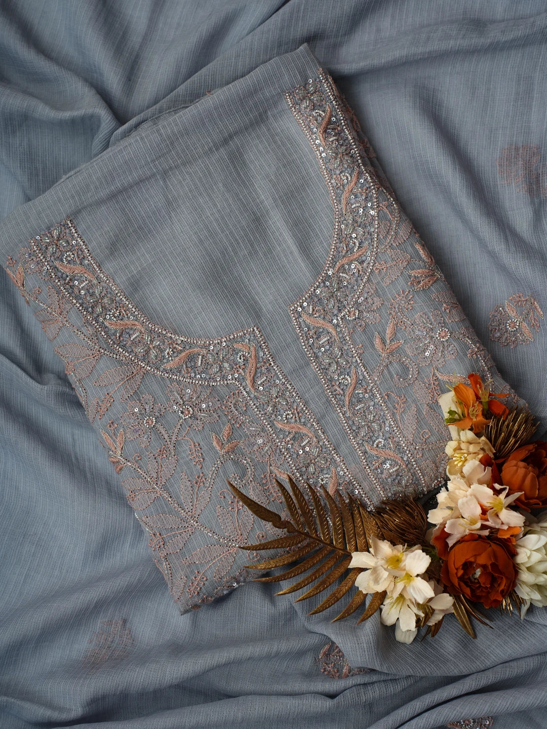 Ada Hand Embroidered Grey Kota Lucknowi Chikankari Unstitched Kurta Dupatta Set With Pearl Work 01A670013