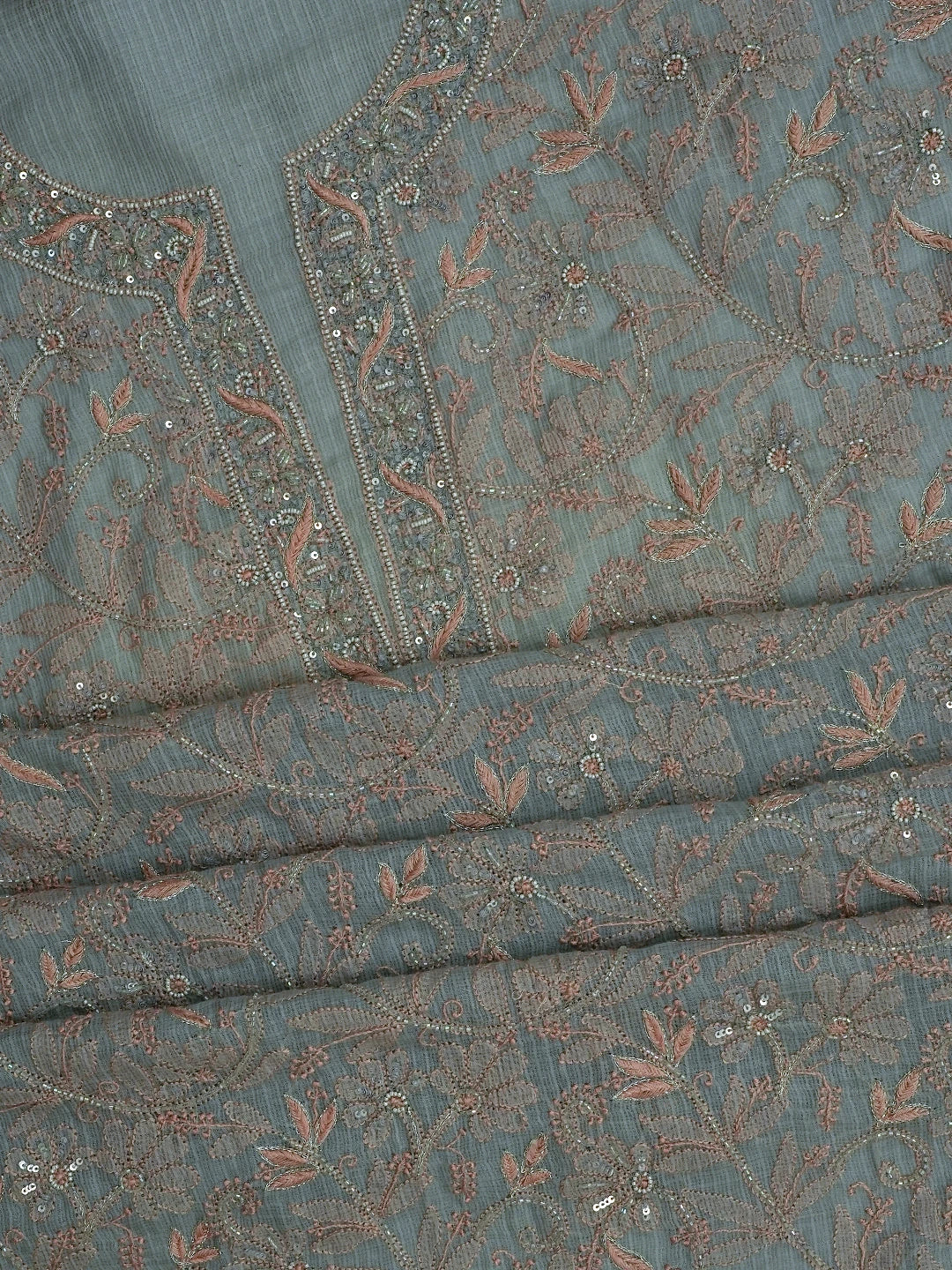 Ada Hand Embroidered Grey Kota Lucknowi Chikankari Unstitched Kurta Dupatta Set With Pearl Work 01A670013