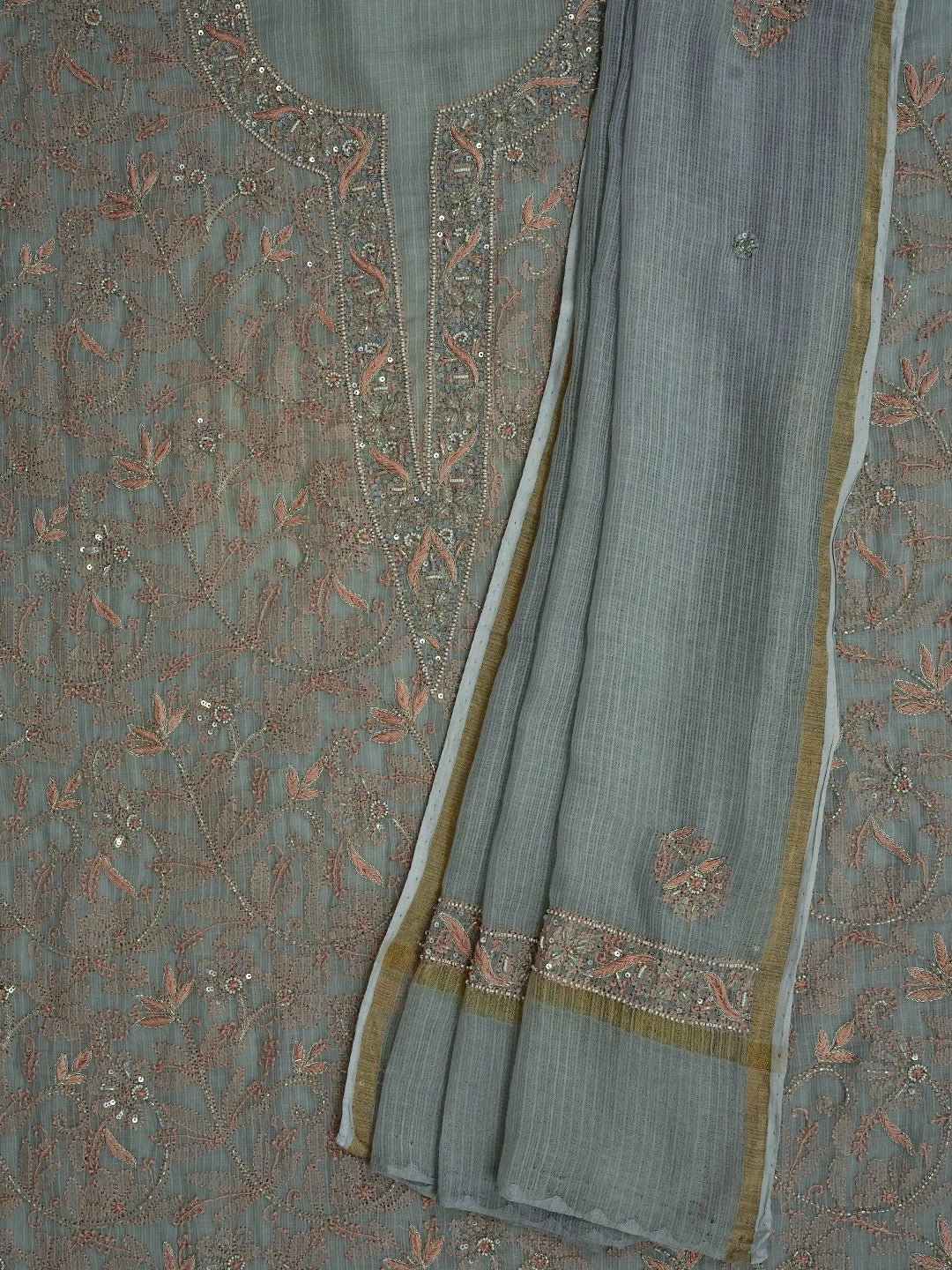 Ada Hand Embroidered Grey Kota Lucknowi Chikankari Unstitched Kurta Dupatta Set With Pearl Work 01A670013