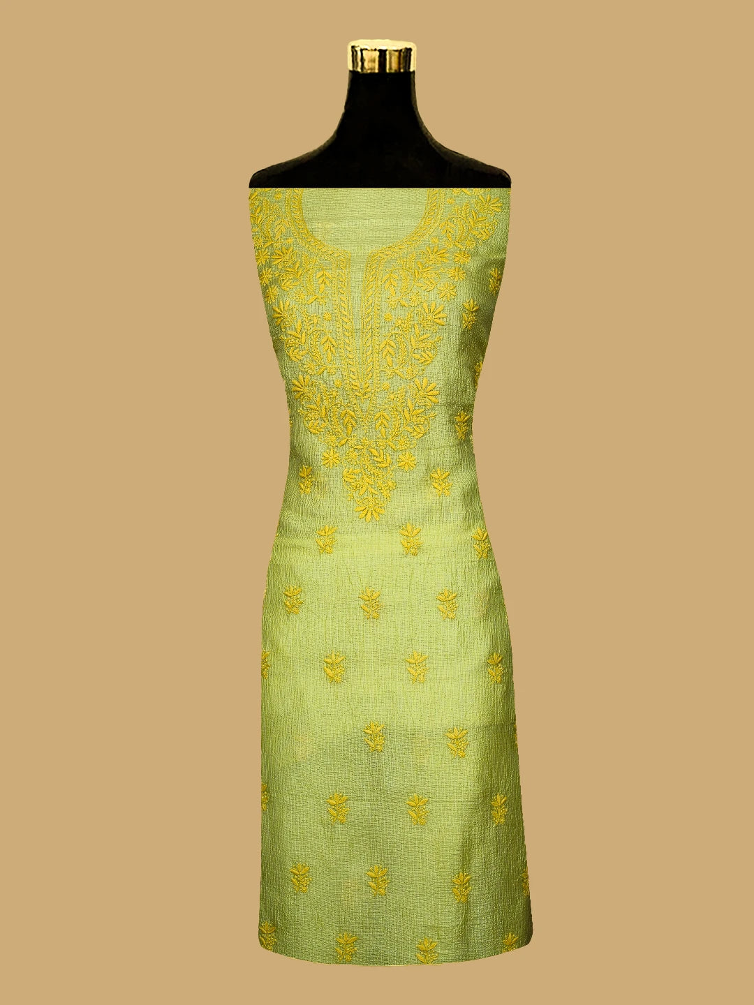 Ada Hand Embroidered Chartreuse Yellow Kota Silk Lucknowi Chikankari Unstitched Kurta Dupatta Set 01A641066