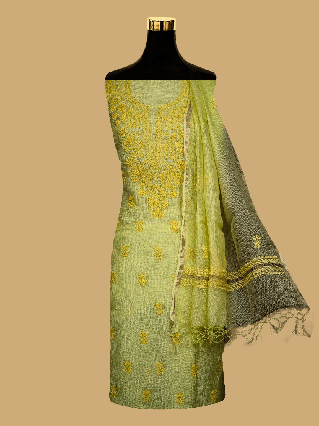 Ada Hand Embroidered Chartreuse Yellow Kota Silk Lucknowi Chikankari Unstitched Kurta Dupatta Set 01A641066