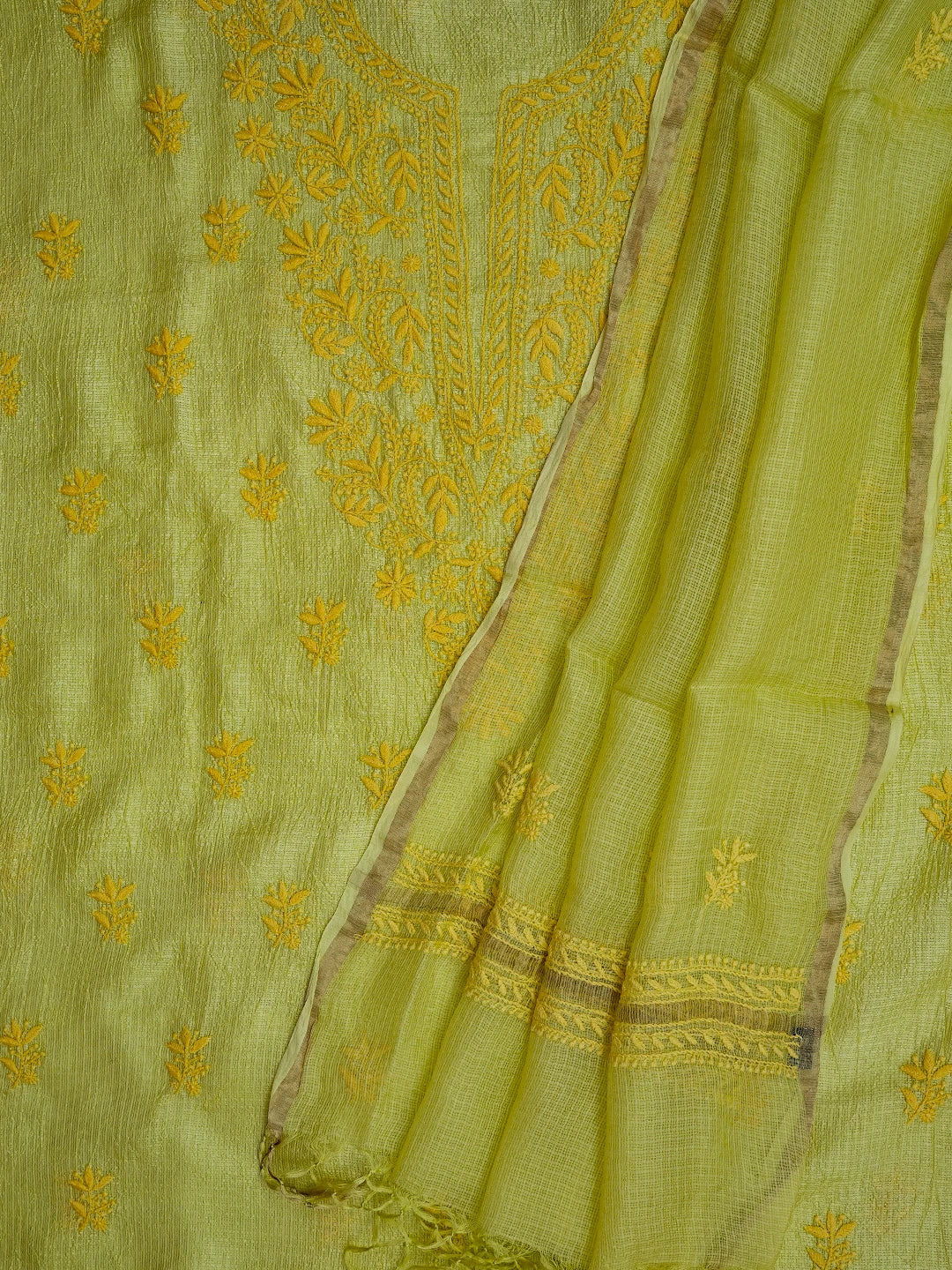 Ada Hand Embroidered Chartreuse Yellow Kota Silk Lucknowi Chikankari Unstitched Kurta Dupatta Set 01A641066