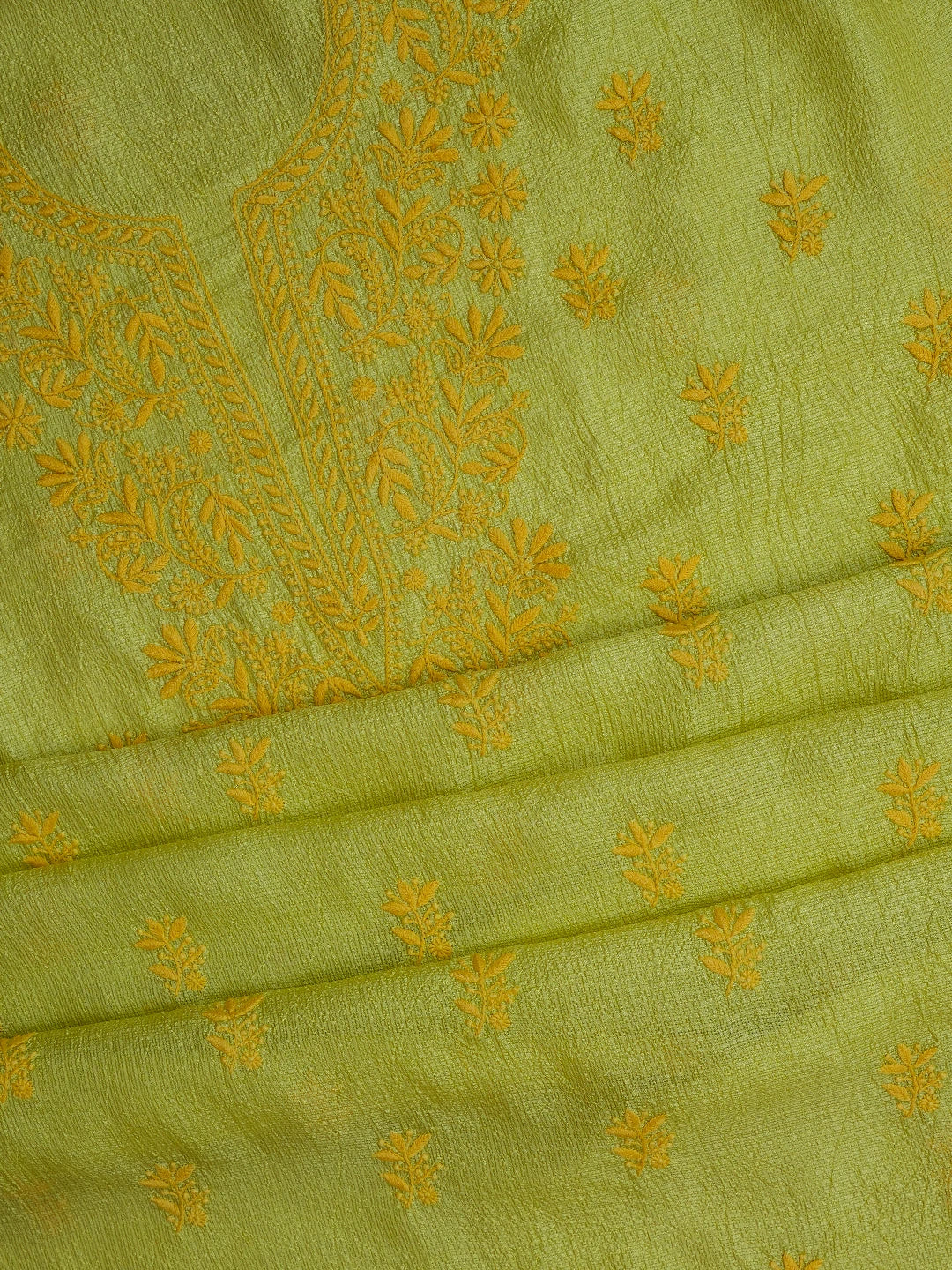 Ada Hand Embroidered Chartreuse Yellow Kota Silk Lucknowi Chikankari Unstitched Kurta Dupatta Set 01A641066