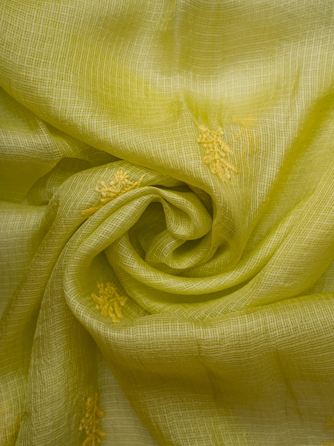 Ada Hand Embroidered Chartreuse Yellow Kota Silk Lucknowi Chikankari Unstitched Kurta Dupatta Set 01A641066
