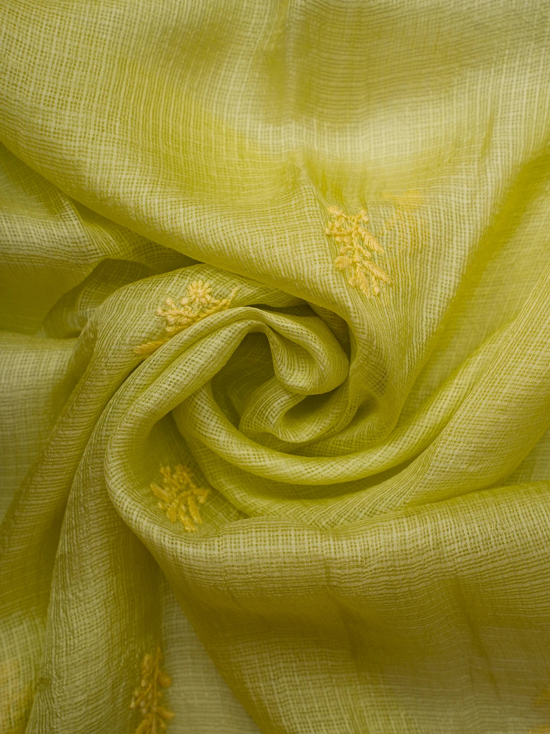 Ada Hand Embroidered Chartreuse Yellow Kota Silk Lucknowi Chikankari Unstitched Kurta Dupatta Set 01A641066