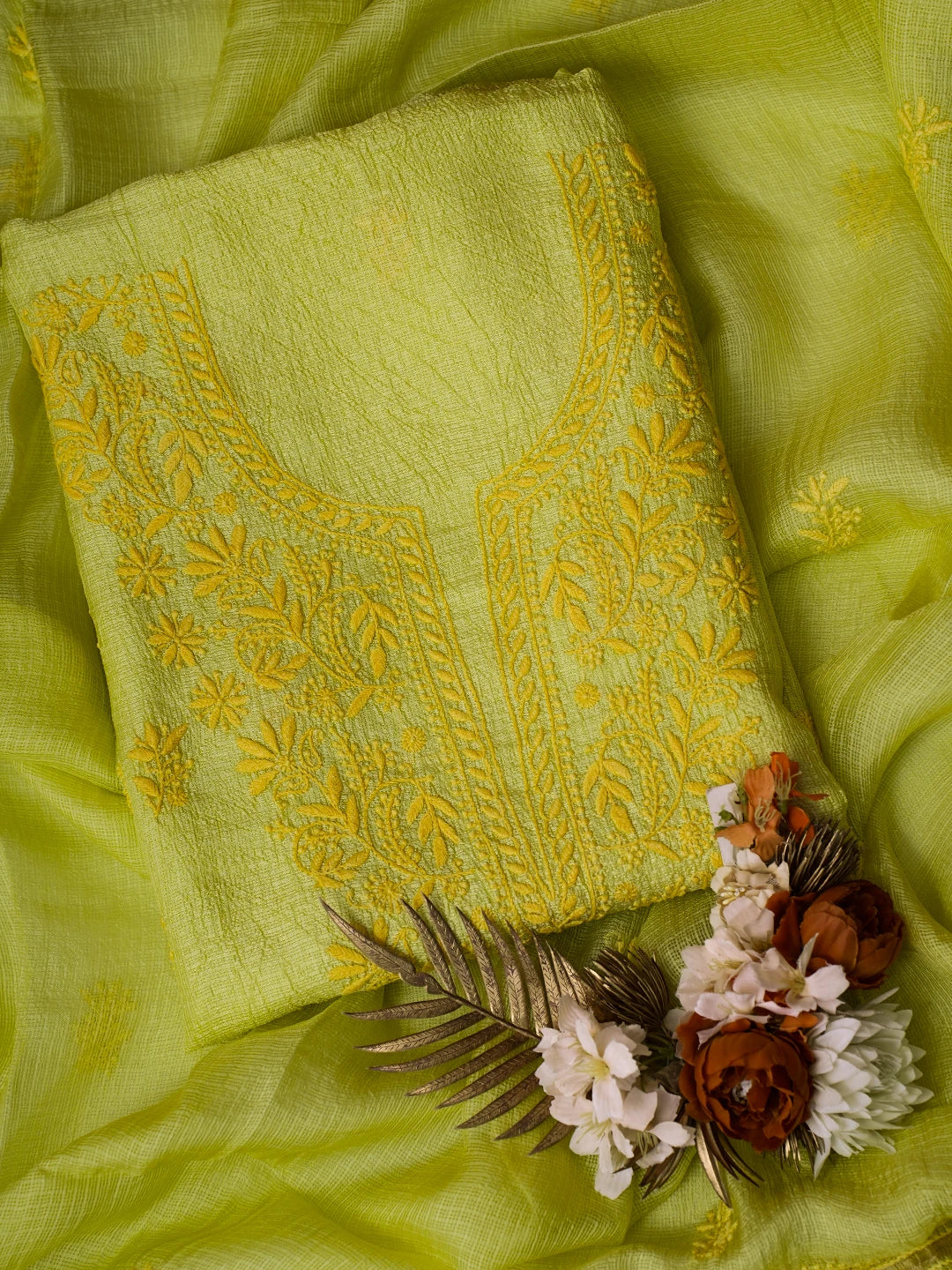Ada Hand Embroidered Chartreuse Yellow Kota Silk Lucknowi Chikankari Unstitched Kurta Dupatta Set 01A641066