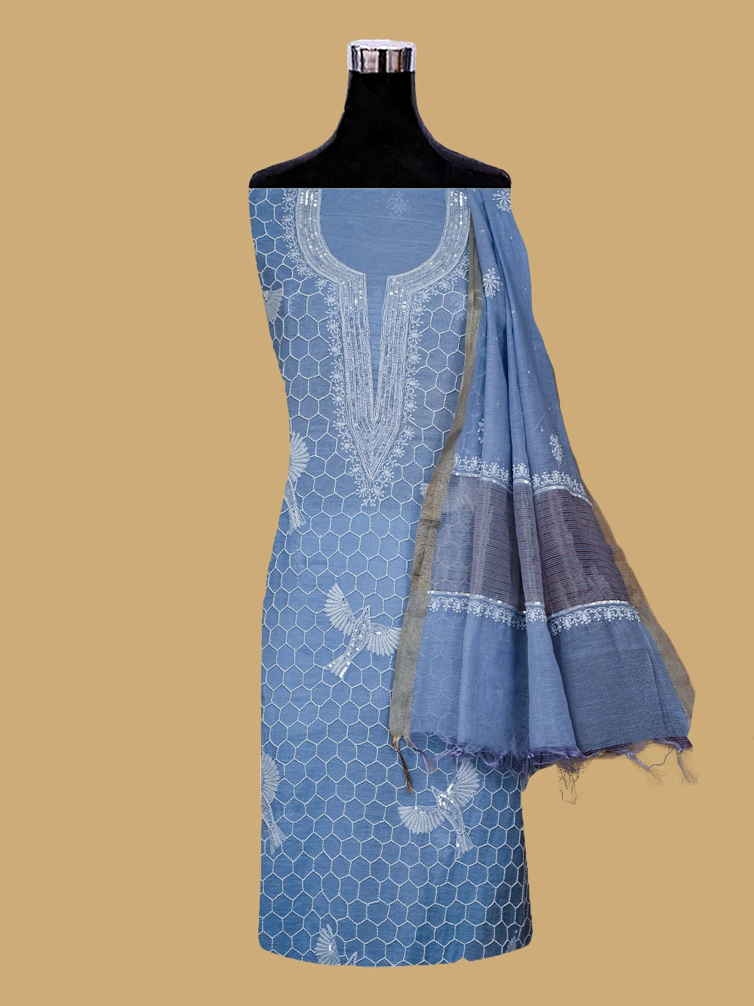 Ada Hand Embroidered Blue Chanderi Lucknowi Chikankari Unstitched Kurta Dupatta Set With Pearl Work 01A639545