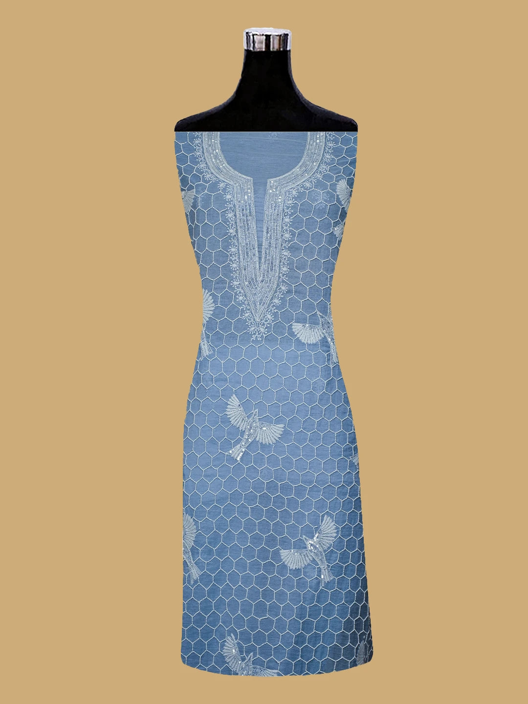 Ada Hand Embroidered Blue Chanderi Lucknowi Chikankari Unstitched Kurta Dupatta Set With Pearl Work 01A639545