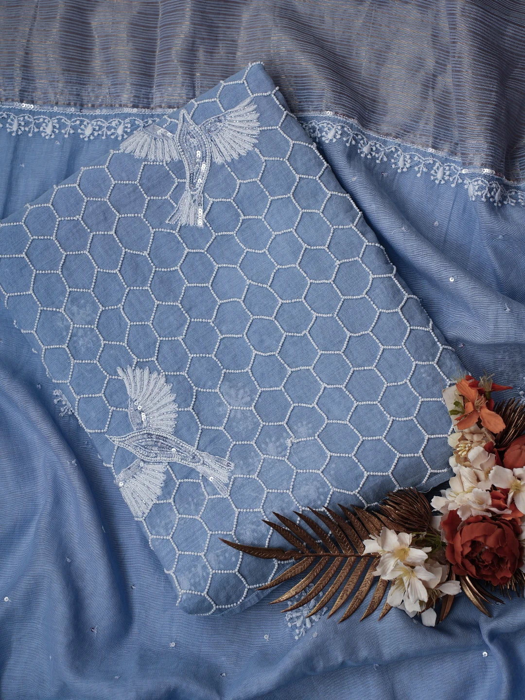 Ada Hand Embroidered Blue Chanderi Lucknowi Chikankari Unstitched Kurta Dupatta Set With Pearl Work 01A639545