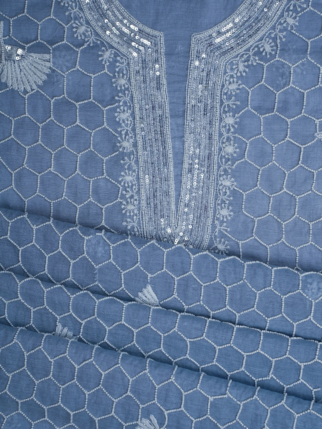 Ada Hand Embroidered Blue Chanderi Lucknowi Chikankari Unstitched Kurta Dupatta Set With Pearl Work 01A639545