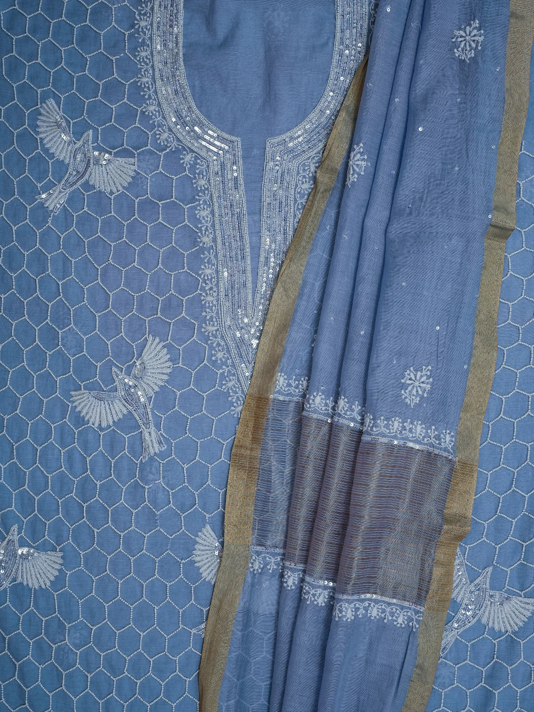 Ada Hand Embroidered Blue Chanderi Lucknowi Chikankari Unstitched Kurta Dupatta Set With Pearl Work 01A639545