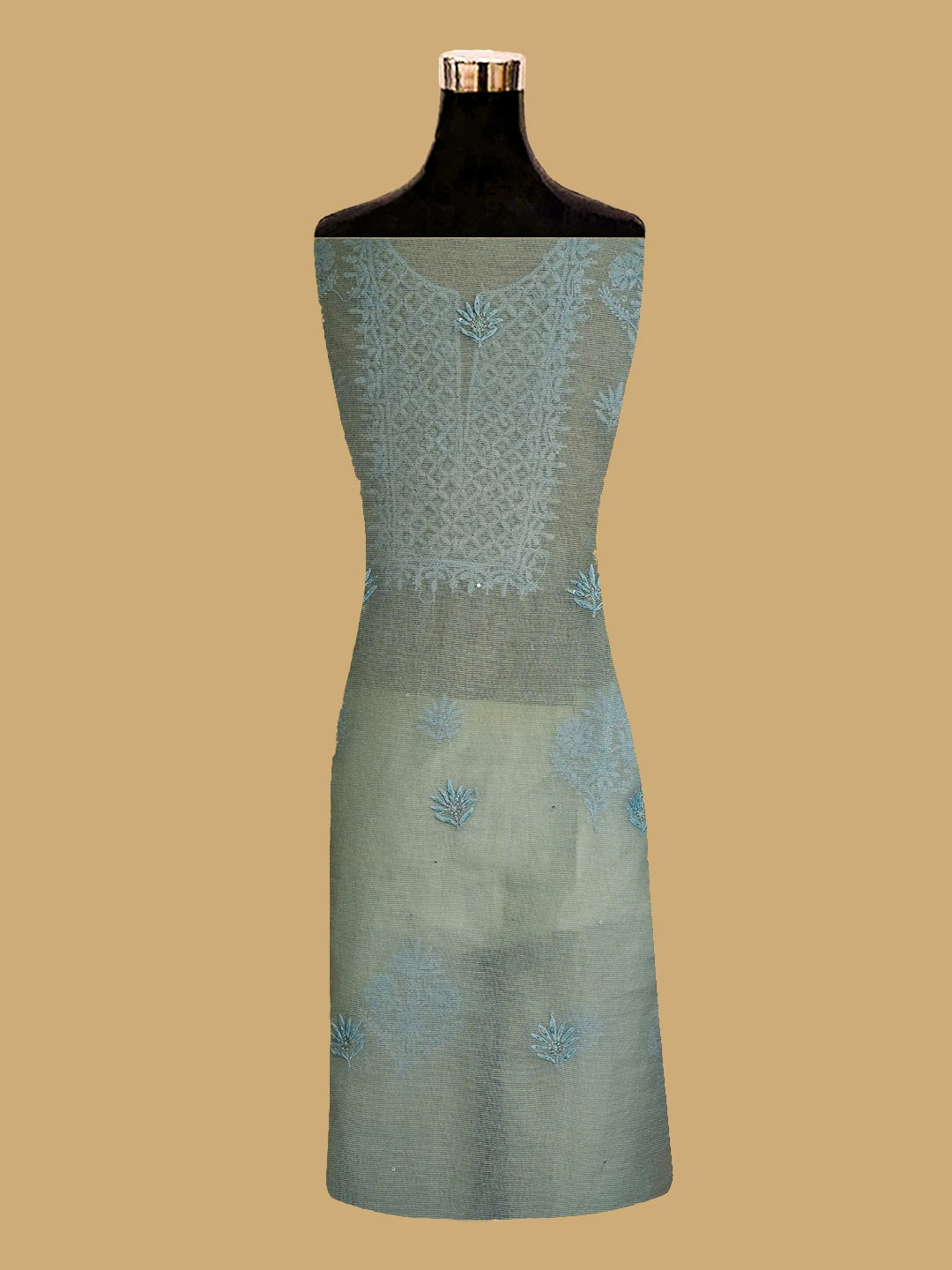 Ada Hand Embroidered Light Blue Super Net Lucknowi Chikankari Unstitched Kurta Dupatta Set With Cutdana Work 01A605406