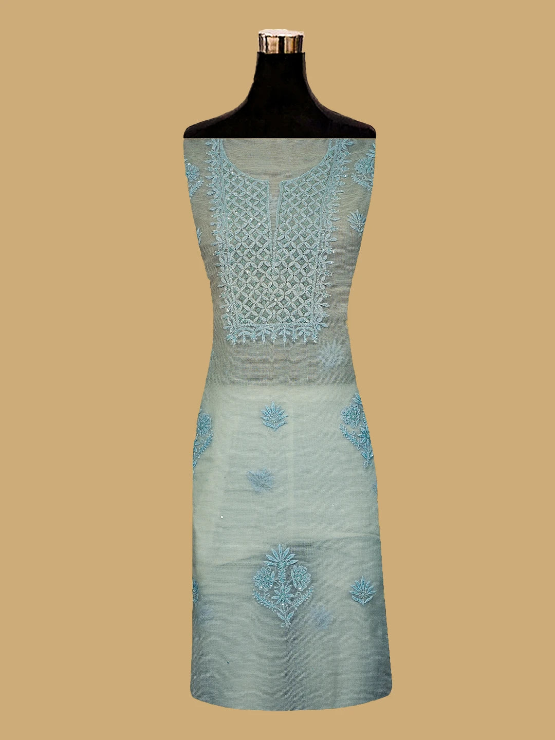 Ada Hand Embroidered Light Blue Super Net Lucknowi Chikankari Unstitched Kurta Dupatta Set With Cutdana Work 01A605406
