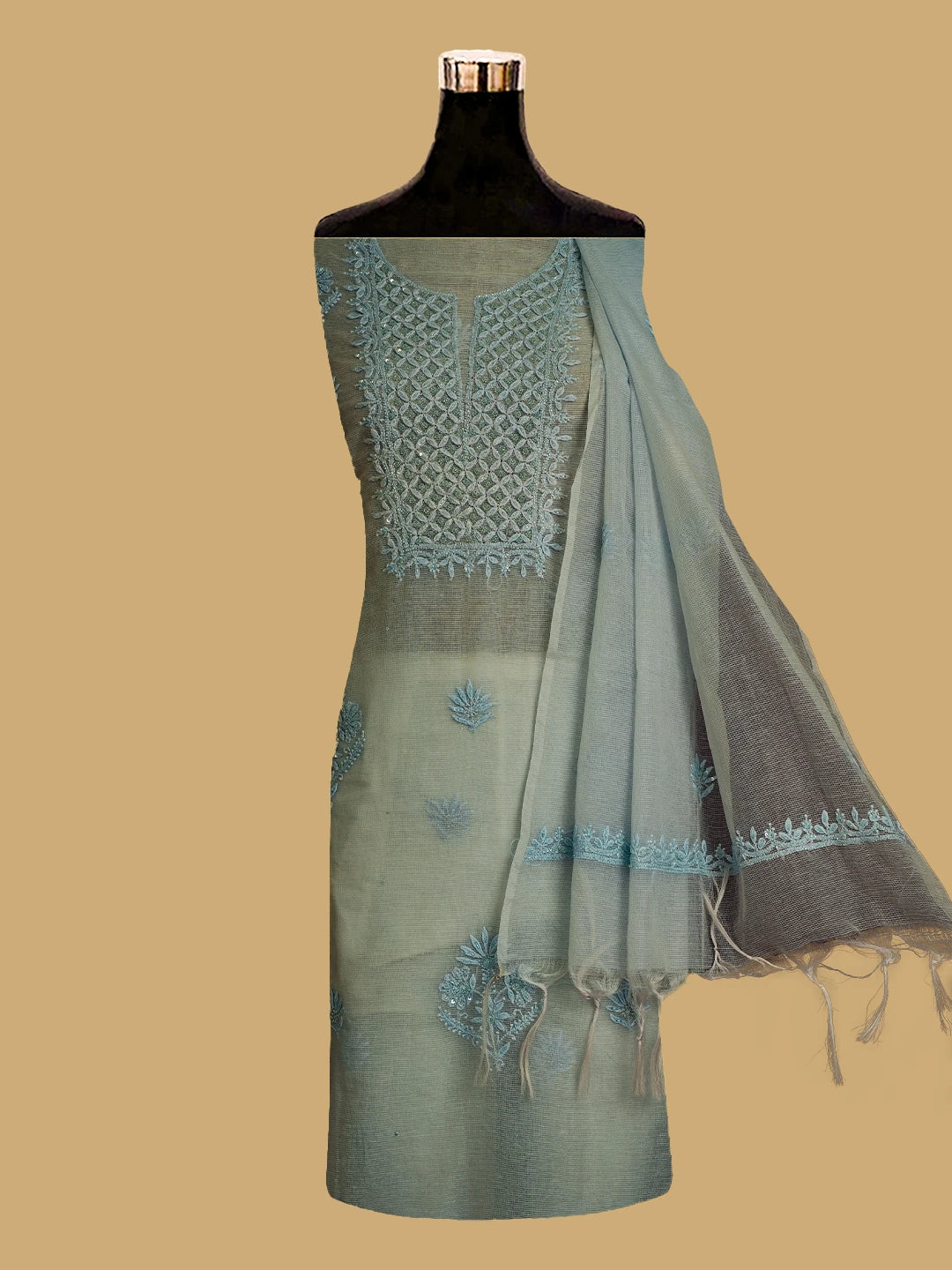 Ada Hand Embroidered Light Blue Super Net Lucknowi Chikankari Unstitched Kurta Dupatta Set With Cutdana Work 01A605406