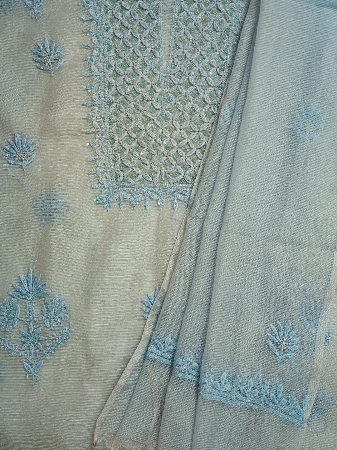 Ada Hand Embroidered Light Blue Super Net Lucknowi Chikankari Unstitched Kurta Dupatta Set With Cutdana Work 01A605406