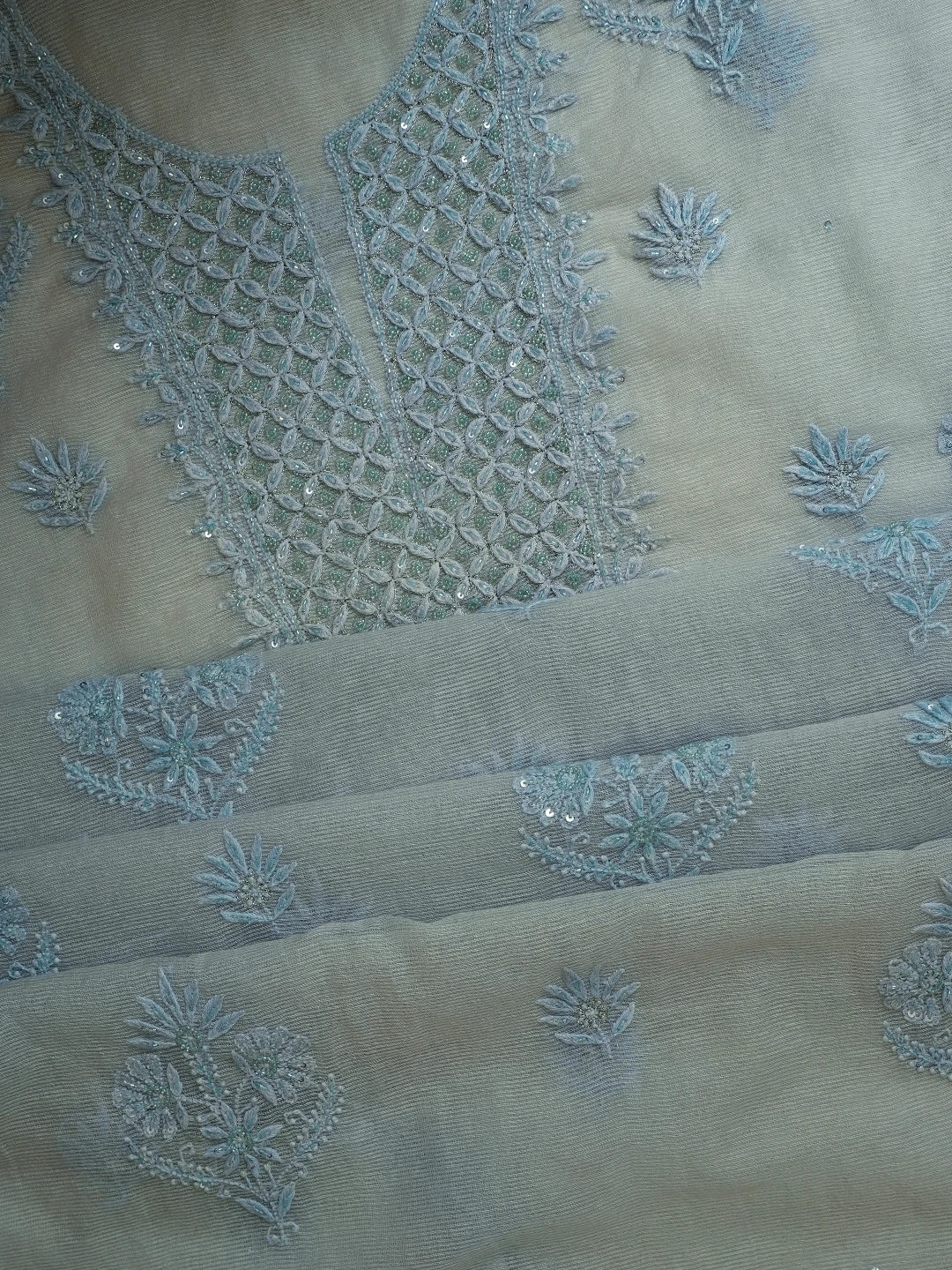 Ada Hand Embroidered Light Blue Super Net Lucknowi Chikankari Unstitched Kurta Dupatta Set With Cutdana Work 01A605406
