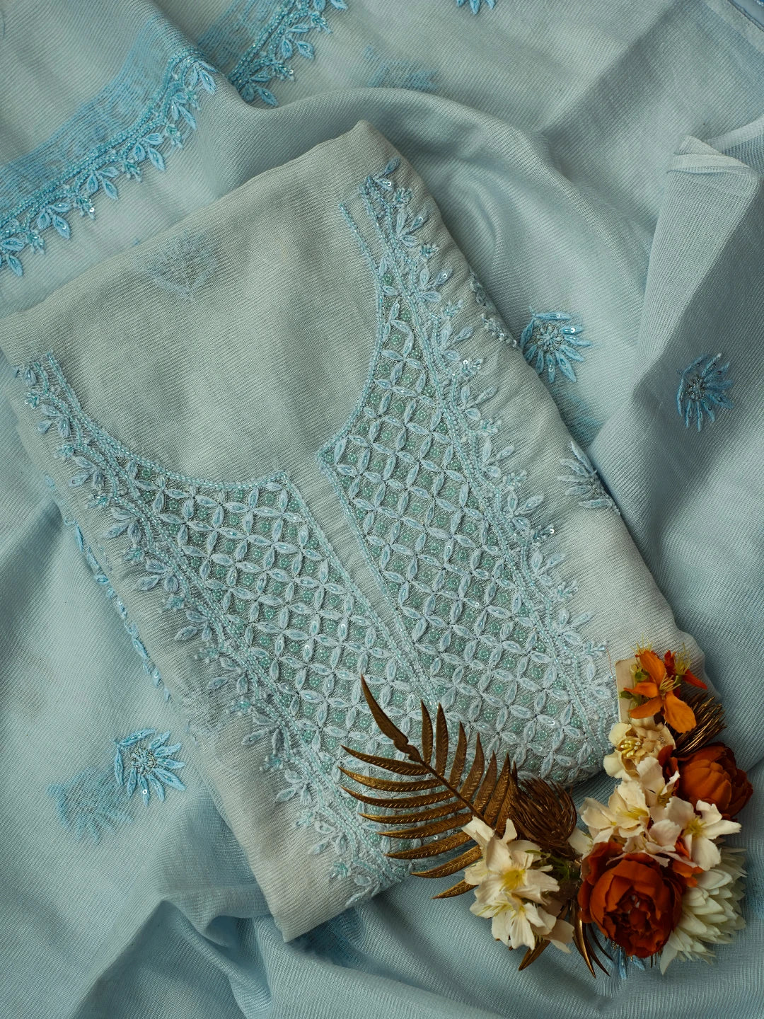 Ada Hand Embroidered Light Blue Super Net Lucknowi Chikankari Unstitched Kurta Dupatta Set With Cutdana Work 01A605406