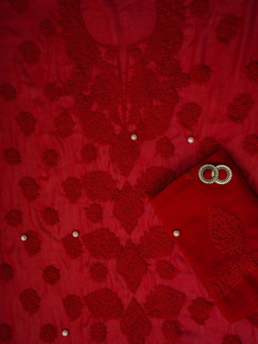 Ada Hand Embroidered Red Georgette Lucknowi Chikan Unstitched Suit Piece A211220