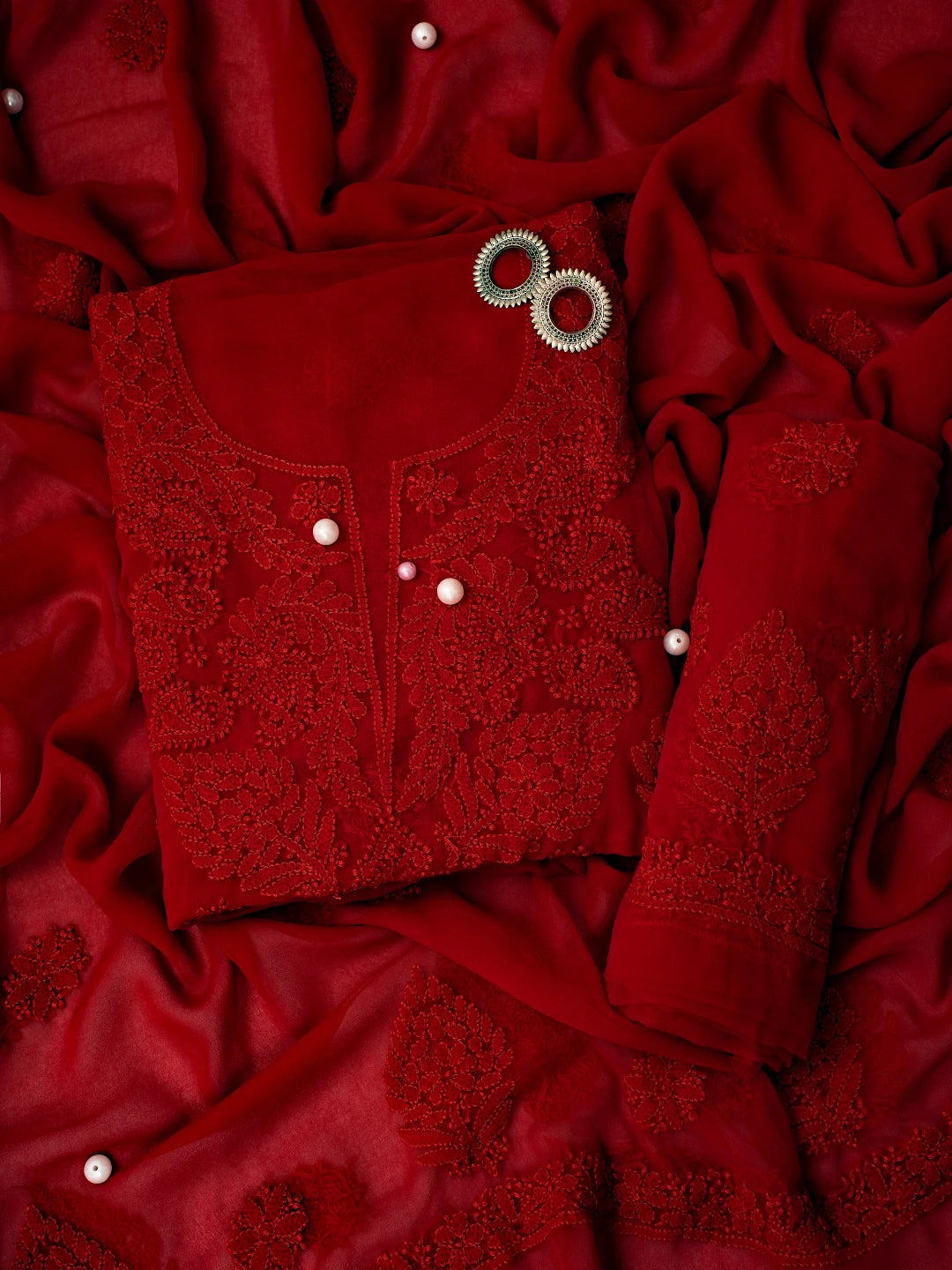 Ada Hand Embroidered Red Georgette Lucknowi Chikan Unstitched Suit Piece A211220