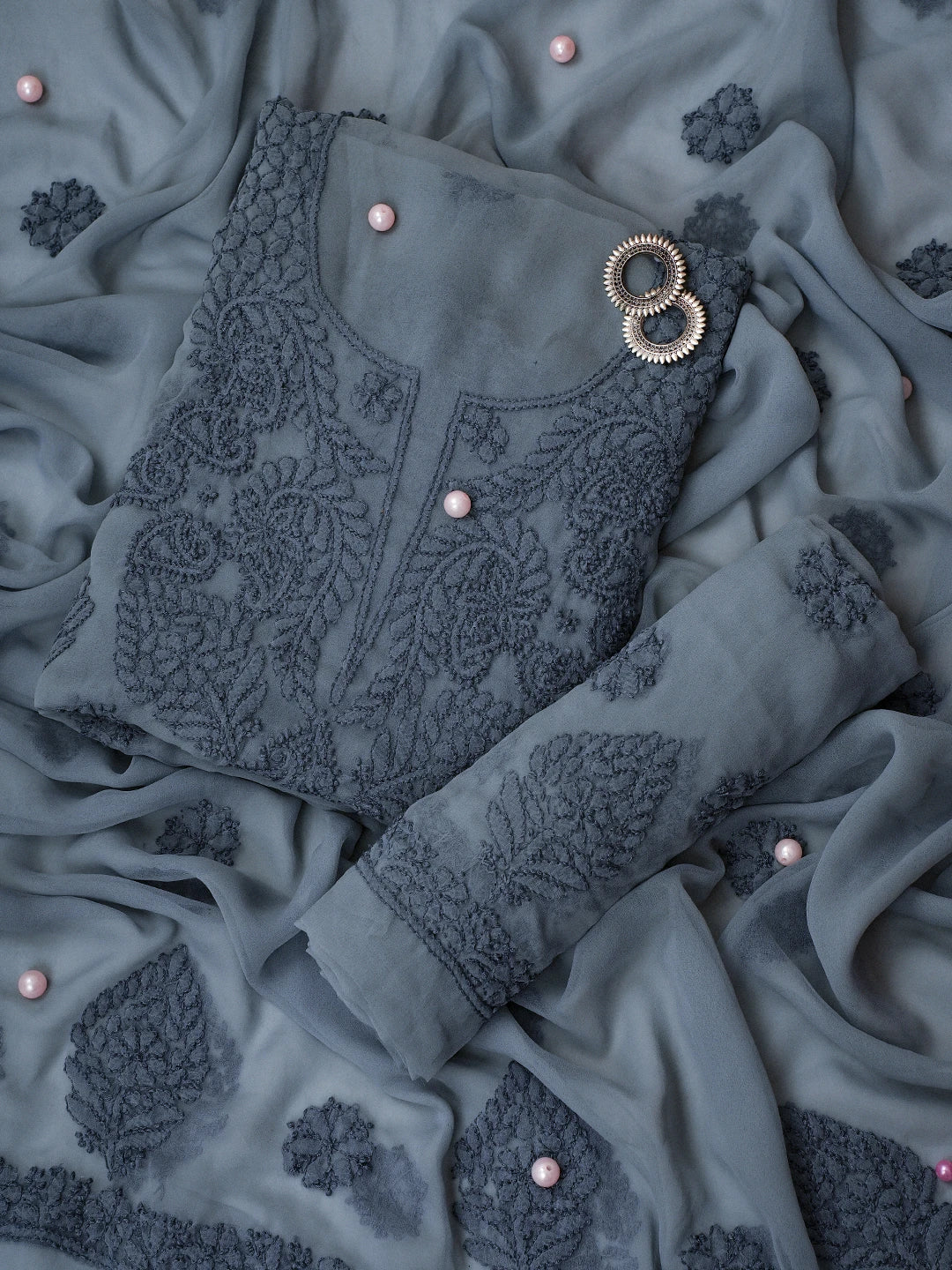 Ada Hand Embroidered Grey Georgette Lucknowi Chikankari Unstitched Suit Piece A211225