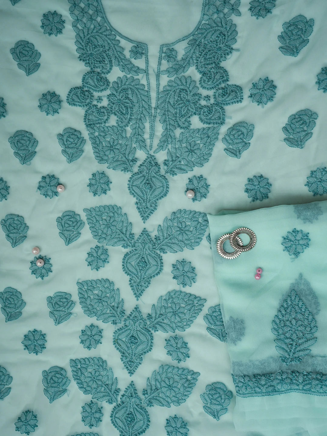 Ada Hand Embroidered Sea Green Georgette Lucknowi Chikan Unstitched Suit Piece A211322