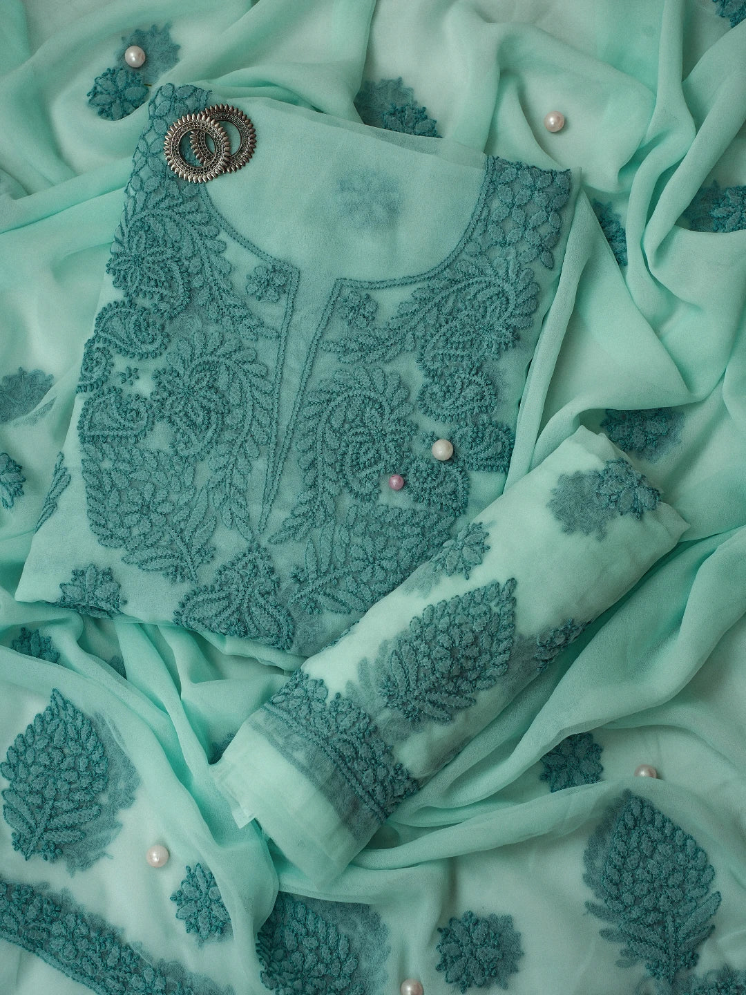 Ada Hand Embroidered Sea Green Georgette Lucknowi Chikan Unstitched Suit Piece A211322