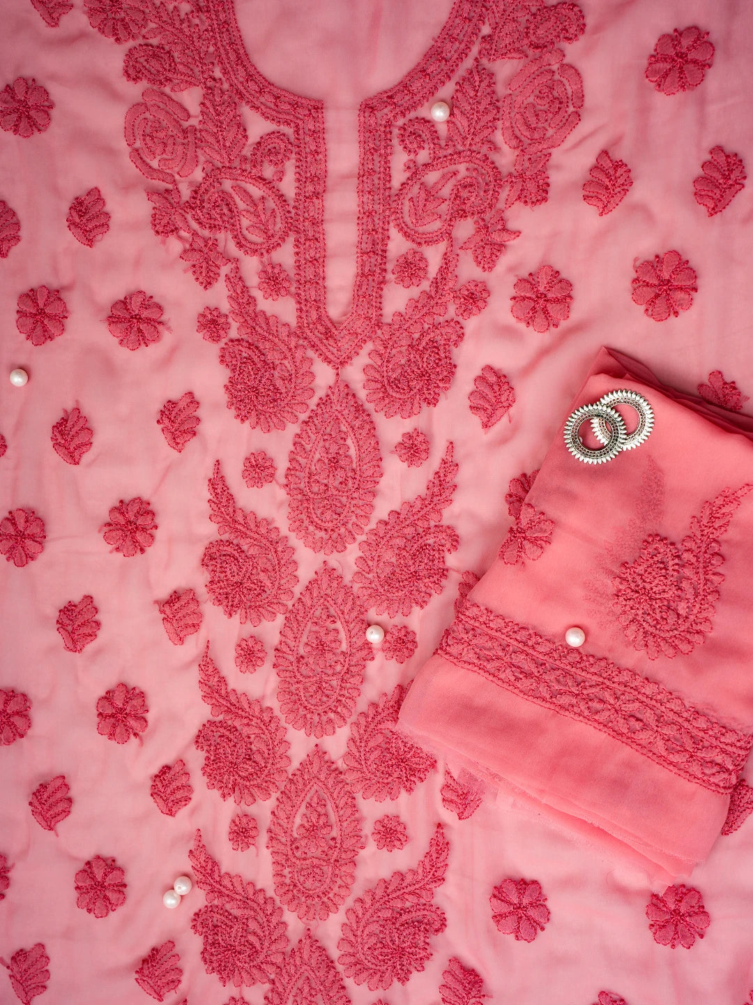 Ada Hand Embroidered Salmon Peach Georgette Lucknowi Chikankari Unstitched Suit Piece A211315