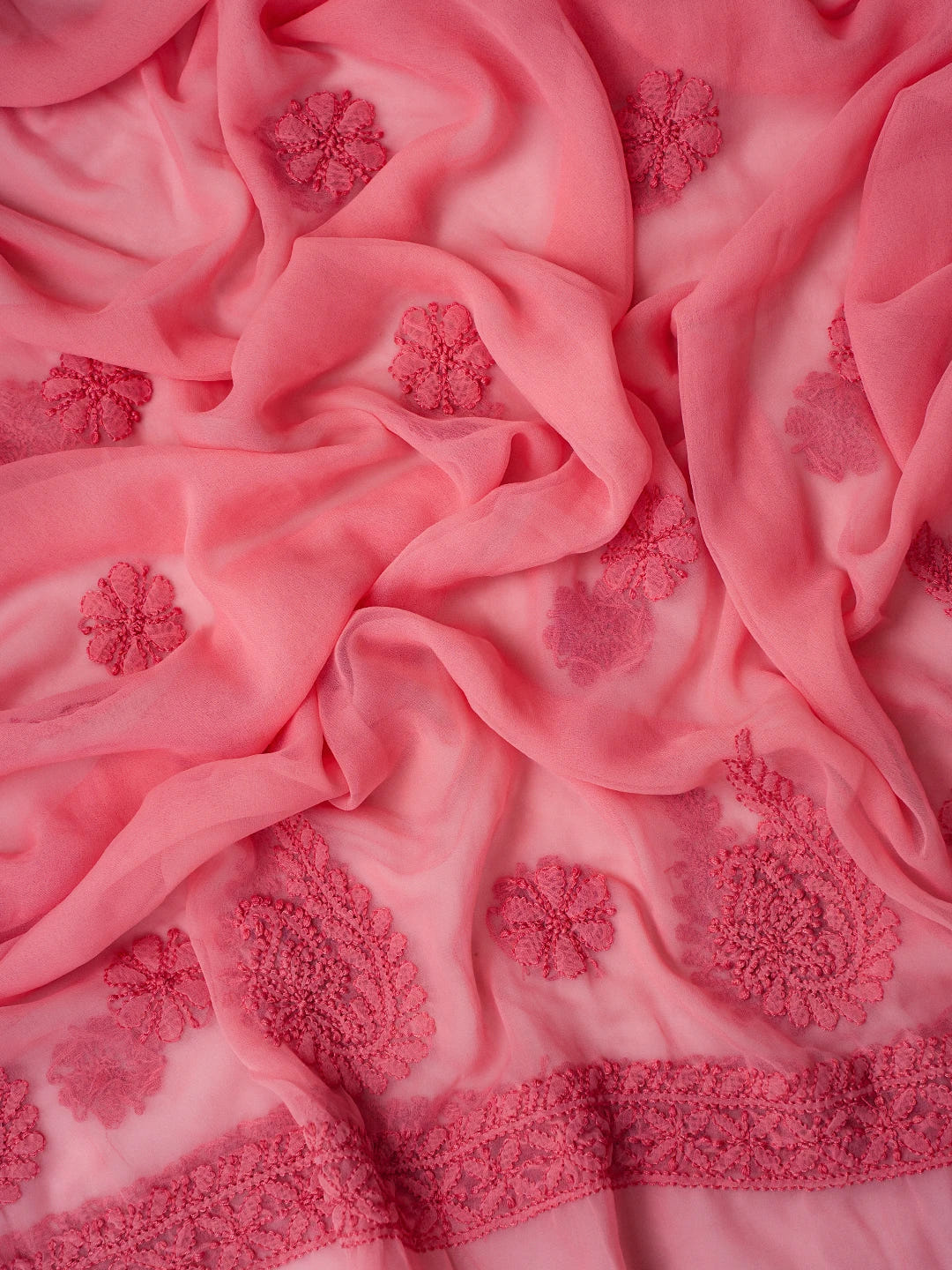 Ada Hand Embroidered Salmon Peach Georgette Lucknowi Chikankari Unstitched Suit Piece A211315