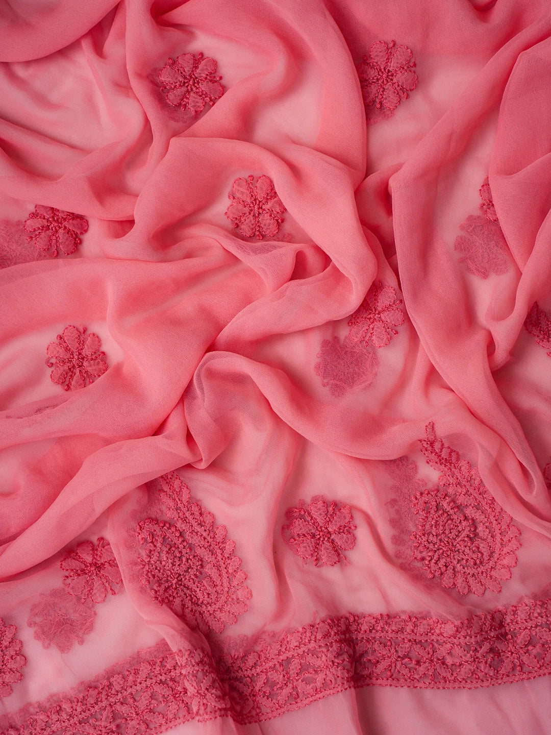 Ada Hand Embroidered Salmon Peach Georgette Lucknowi Chikankari Unstitched Suit Piece A211315