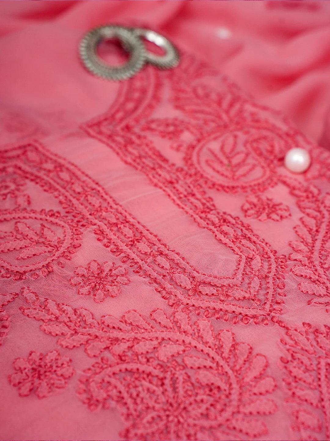 Ada Hand Embroidered Salmon Peach Georgette Lucknowi Chikankari Unstitched Suit Piece A211315