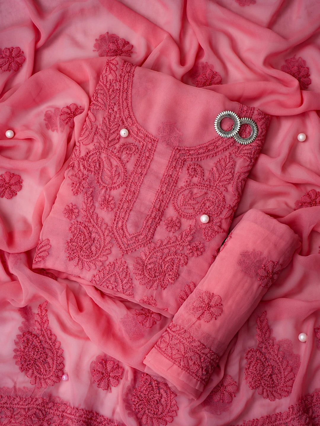 Ada Hand Embroidered Salmon Peach Georgette Lucknowi Chikankari Unstitched Suit Piece A211315