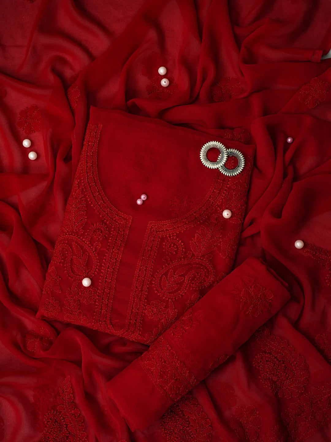 Ada Hand Embroidered Scarlet Red Georgette Lucknowi Chikankari Unstitched Suit Piece A211317