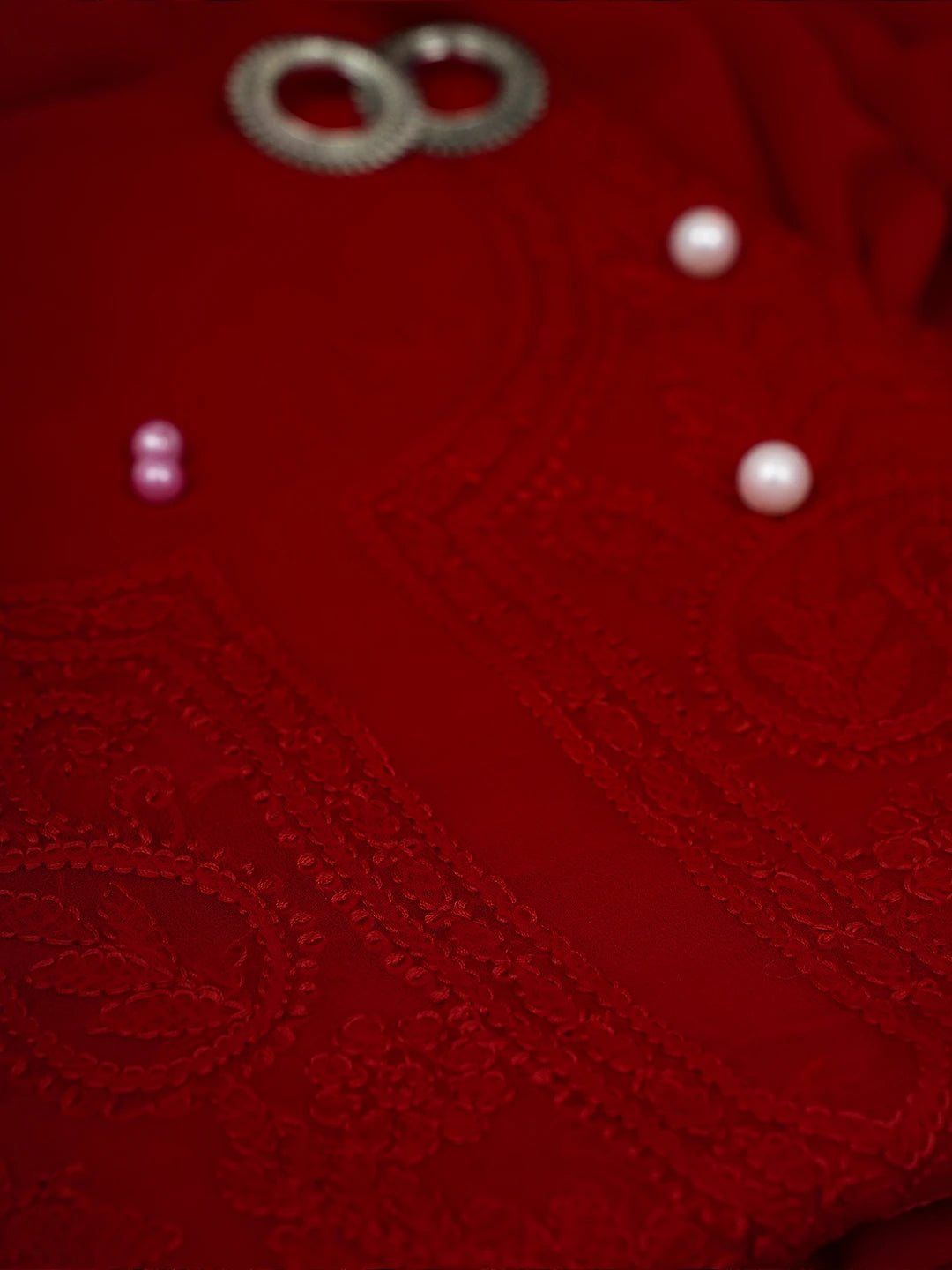 Ada Hand Embroidered Scarlet Red Georgette Lucknowi Chikankari Unstitched Suit Piece A211317