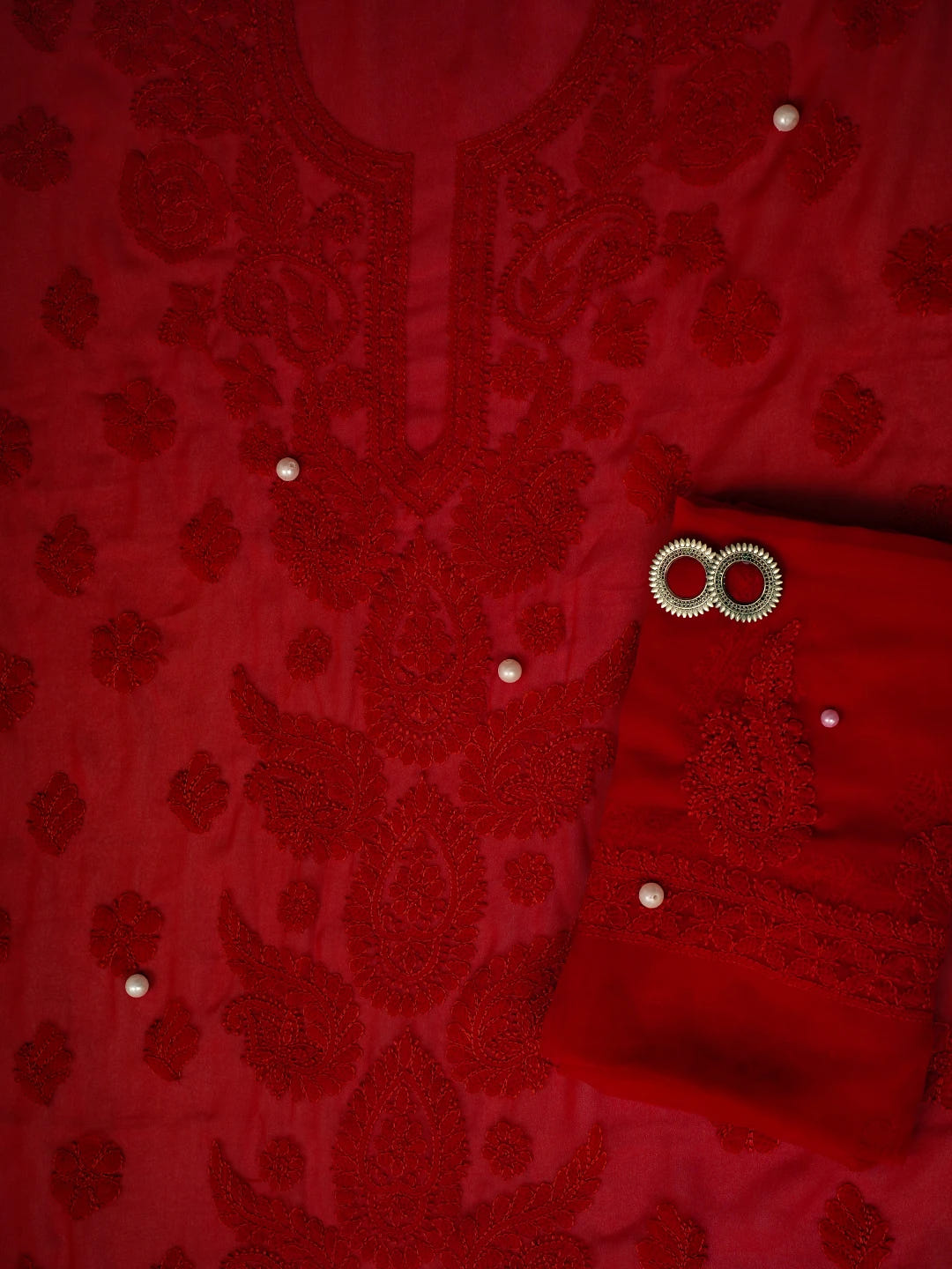 Ada Hand Embroidered Scarlet Red Georgette Lucknowi Chikankari Unstitched Suit Piece A211317