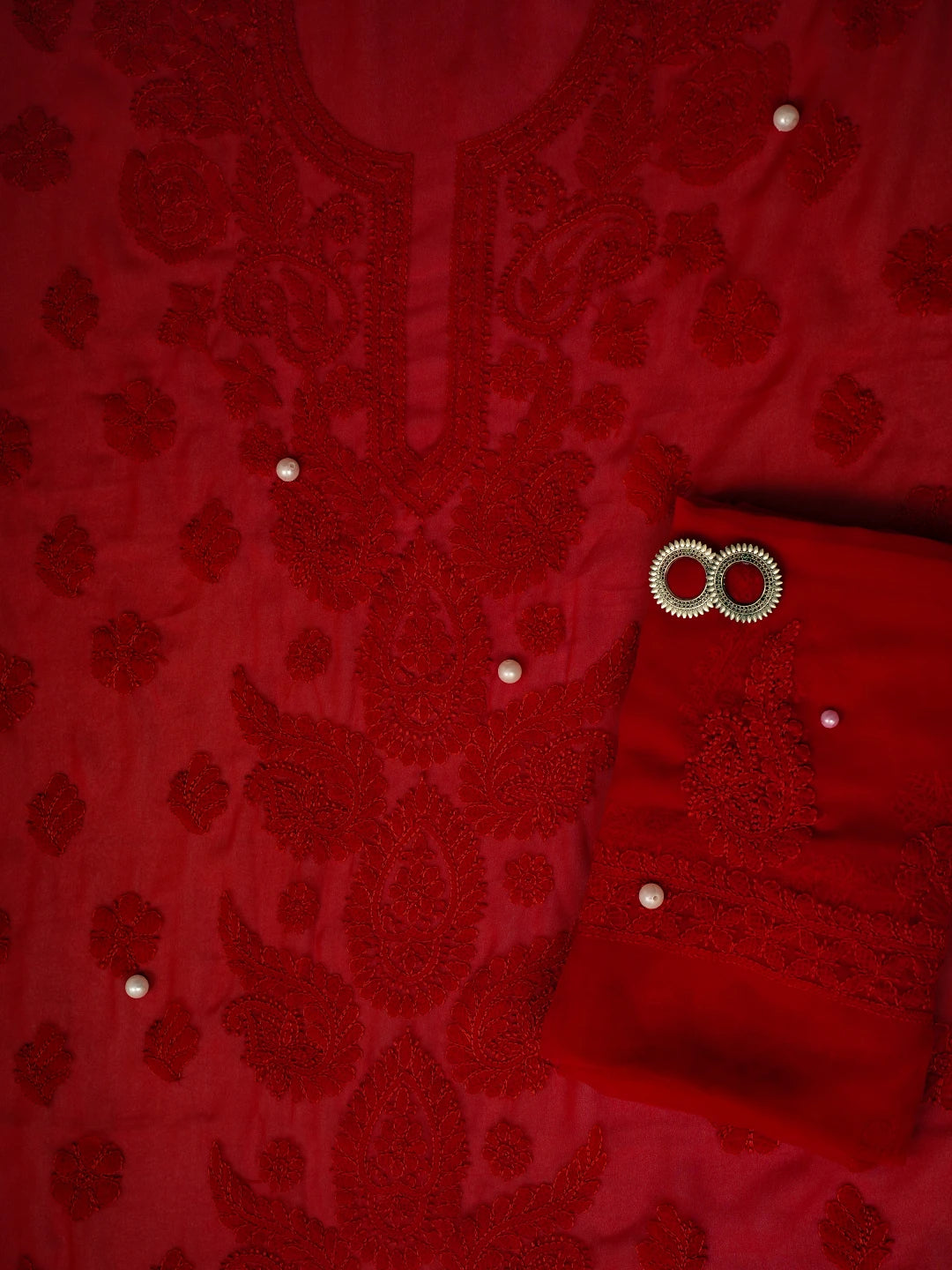 Ada Hand Embroidered Scarlet Red Georgette Lucknowi Chikankari Unstitched Suit Piece A211317