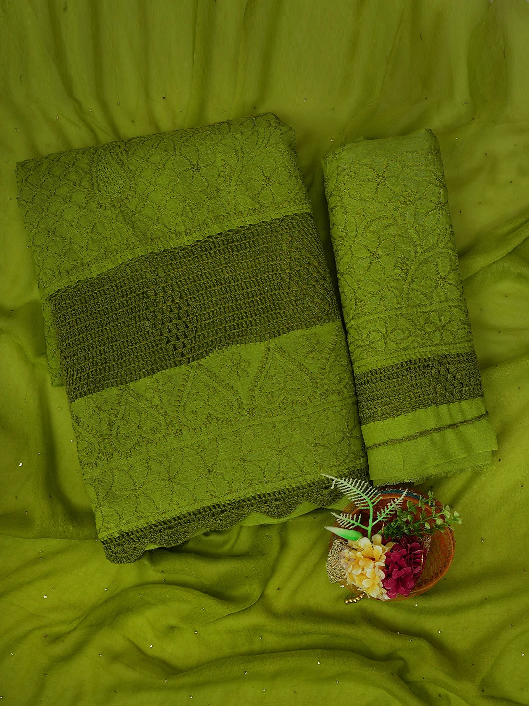 Ada Hand Embroidered Apple Green Cotton Lucknowi Chikankari Unstitched Suit Piece With Muqaish Work 01A692452