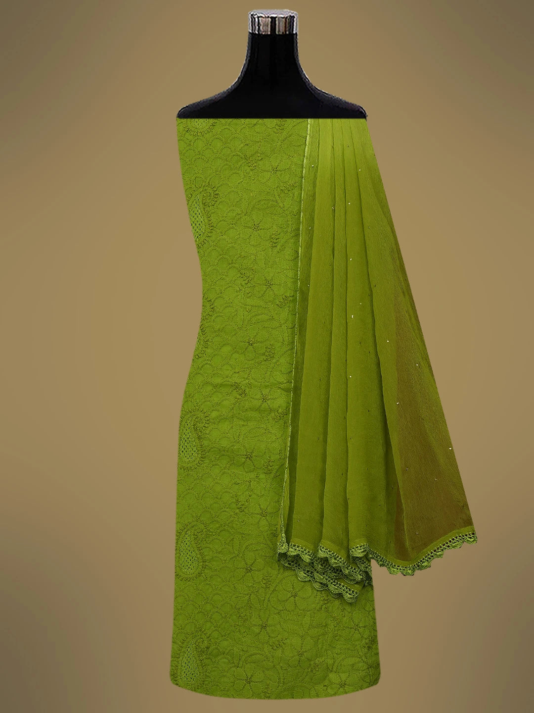 Ada Hand Embroidered Apple Green Cotton Lucknowi Chikankari Unstitched Suit Piece With Muqaish Work 01A692452