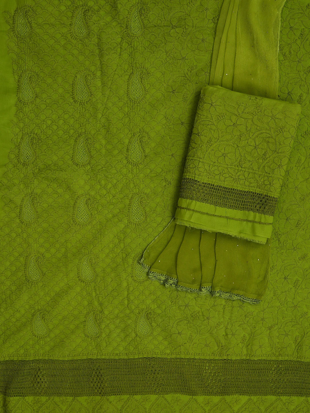 Ada Hand Embroidered Apple Green Cotton Lucknowi Chikankari Unstitched Suit Piece With Muqaish Work 01A692452