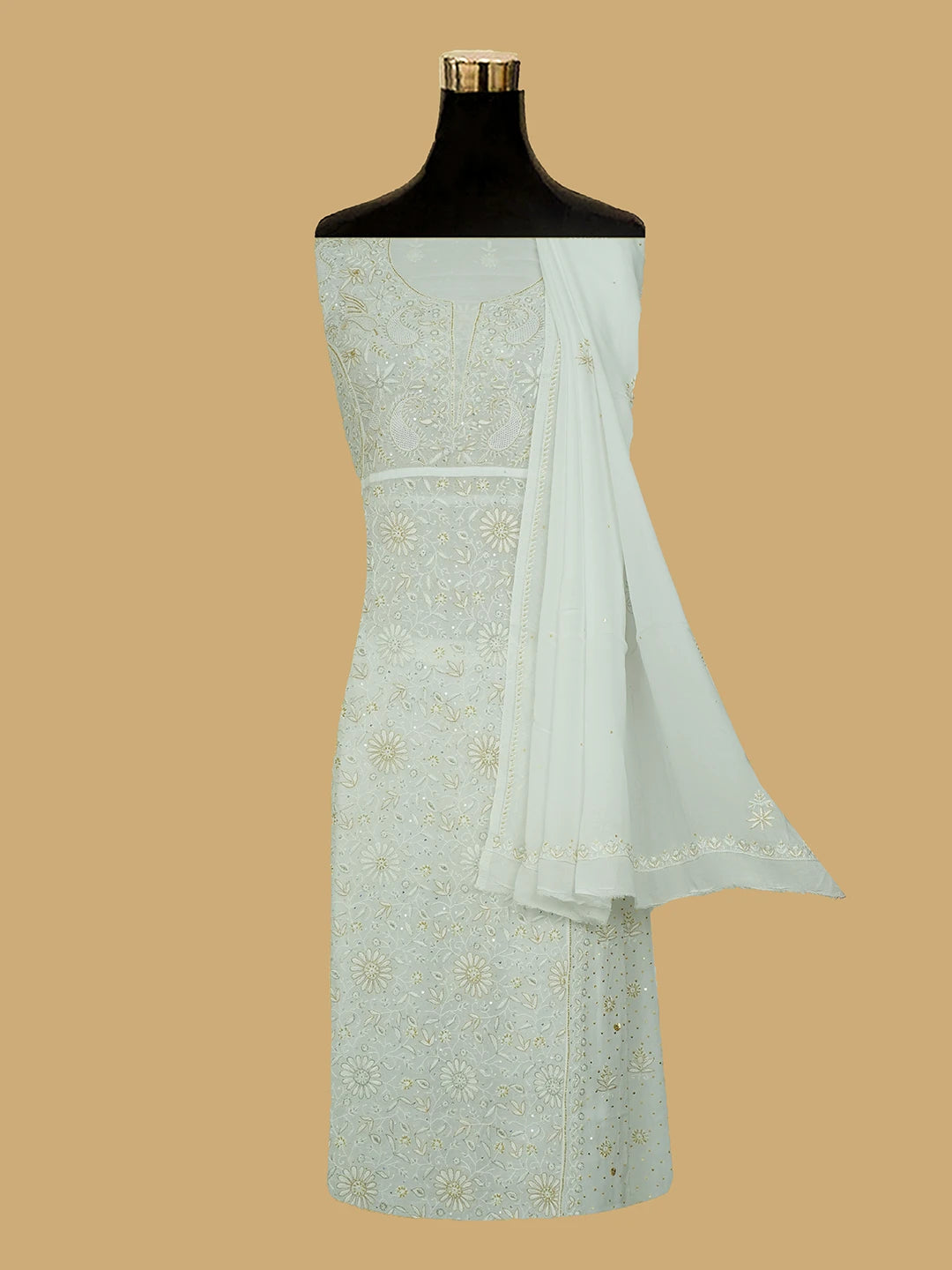 Ada Hand Embroidered White Viscose Georgette Lucknowi Chikankari Semi-Stitched Anarkali Kurta Dupatta Set With Cutdana Work 01A535022