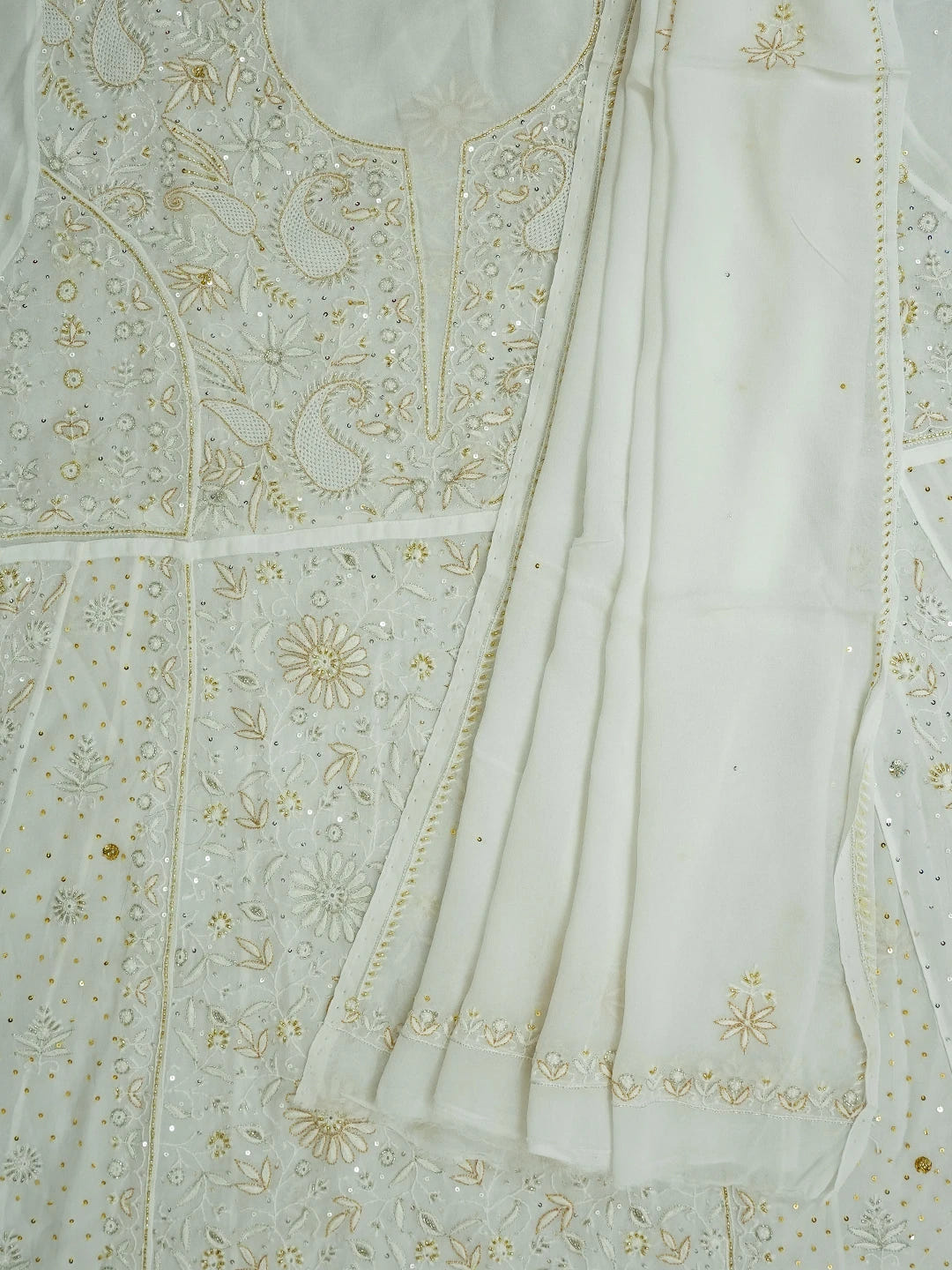 Ada Hand Embroidered White Viscose Georgette Lucknowi Chikankari Semi-Stitched Anarkali Kurta Dupatta Set With Cutdana Work 01A535022