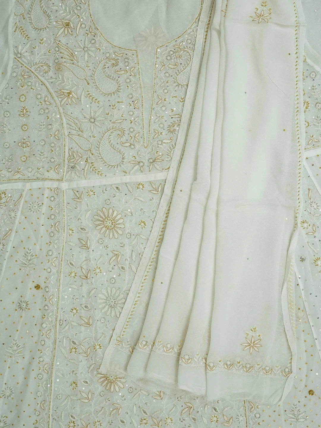 Ada Hand Embroidered White Viscose Georgette Lucknowi Chikankari Semi-Stitched Anarkali Kurta Dupatta Set With Cutdana Work 01A535022
