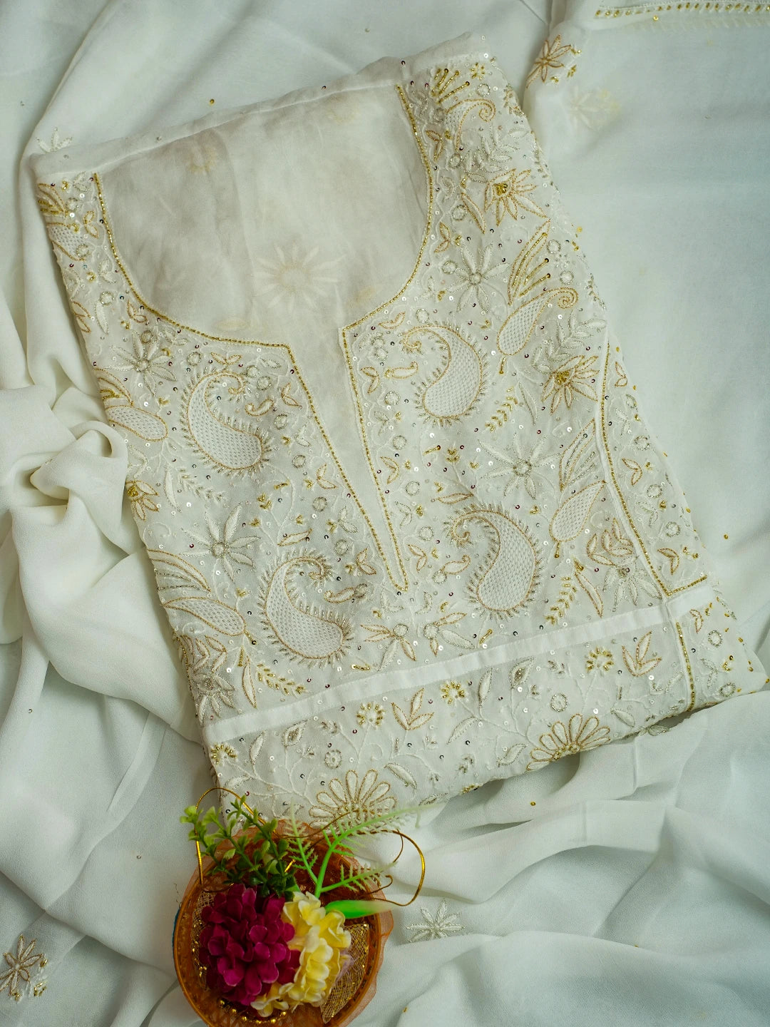 Ada Hand Embroidered White Viscose Georgette Lucknowi Chikankari Semi-Stitched Anarkali Kurta Dupatta Set With Cutdana Work 01A535022