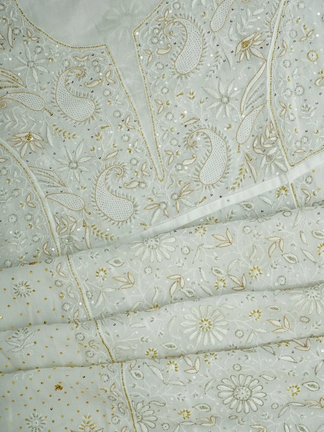 Ada Hand Embroidered White Viscose Georgette Lucknowi Chikankari Semi-Stitched Anarkali Kurta Dupatta Set With Cutdana Work 01A535022