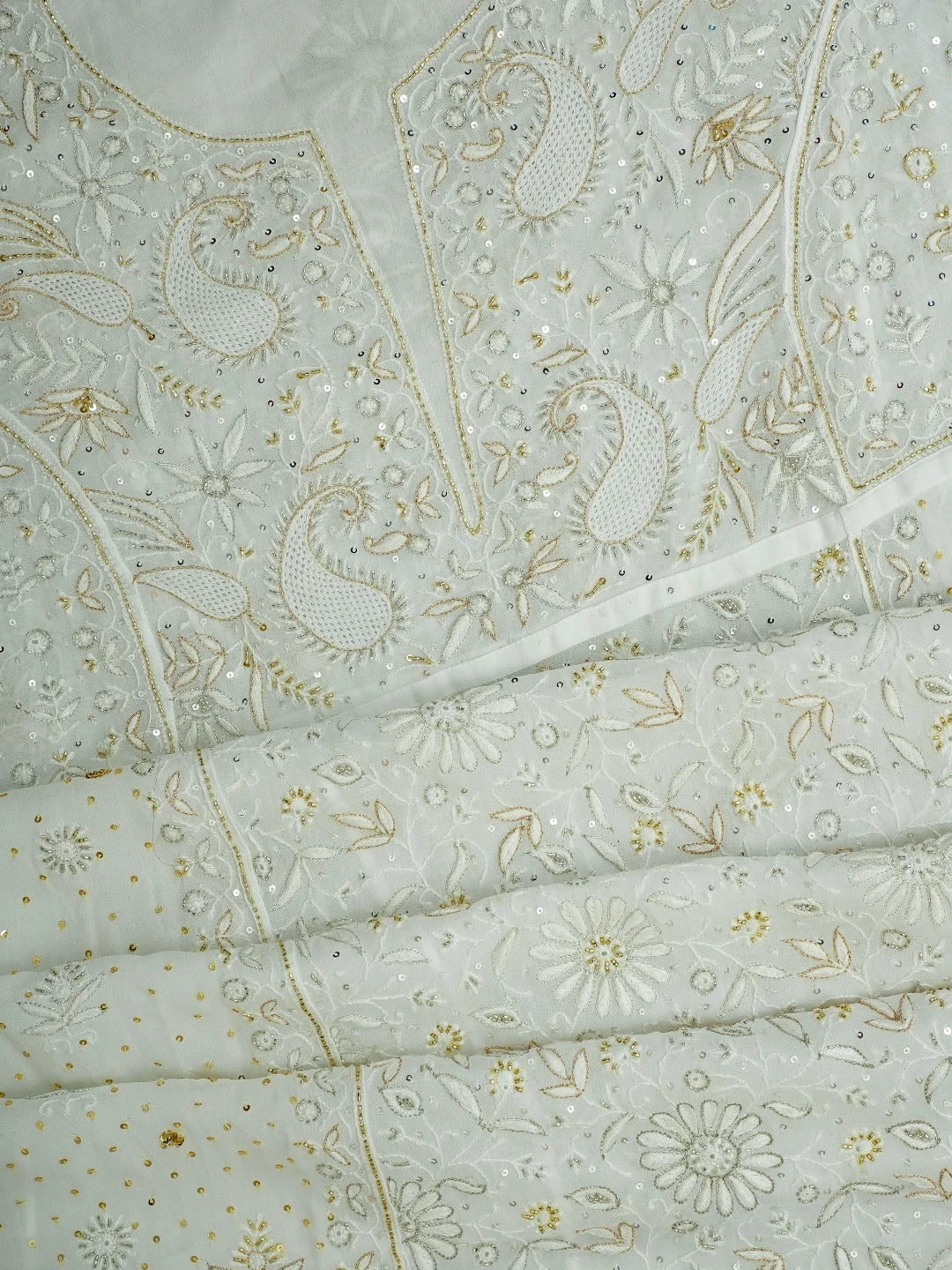 Ada Hand Embroidered White Viscose Georgette Lucknowi Chikankari Semi-Stitched Anarkali Kurta Dupatta Set With Cutdana Work 01A535022