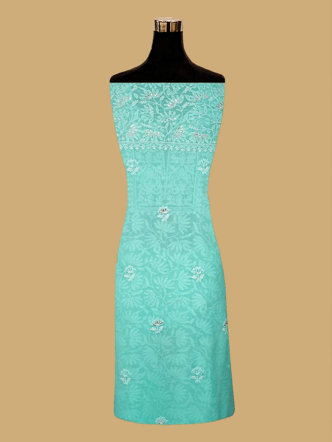 Ada Hand Embroidered Sea Green Pure Georgette Lucknowi Chikankari Unstitched Kurta Dupatta Set With Sequinned Work 01A662252